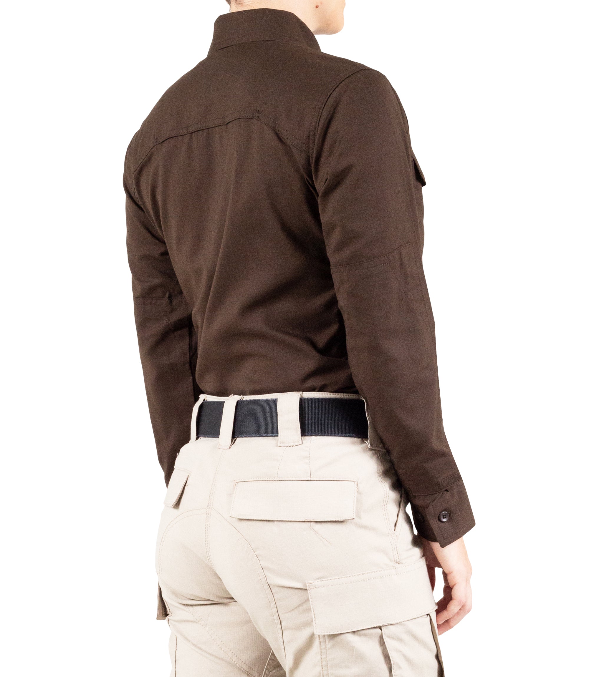 Side of Women's V2 Tactical Long Sleeve Shirt in Kodiak Brown |color_kodiak brown