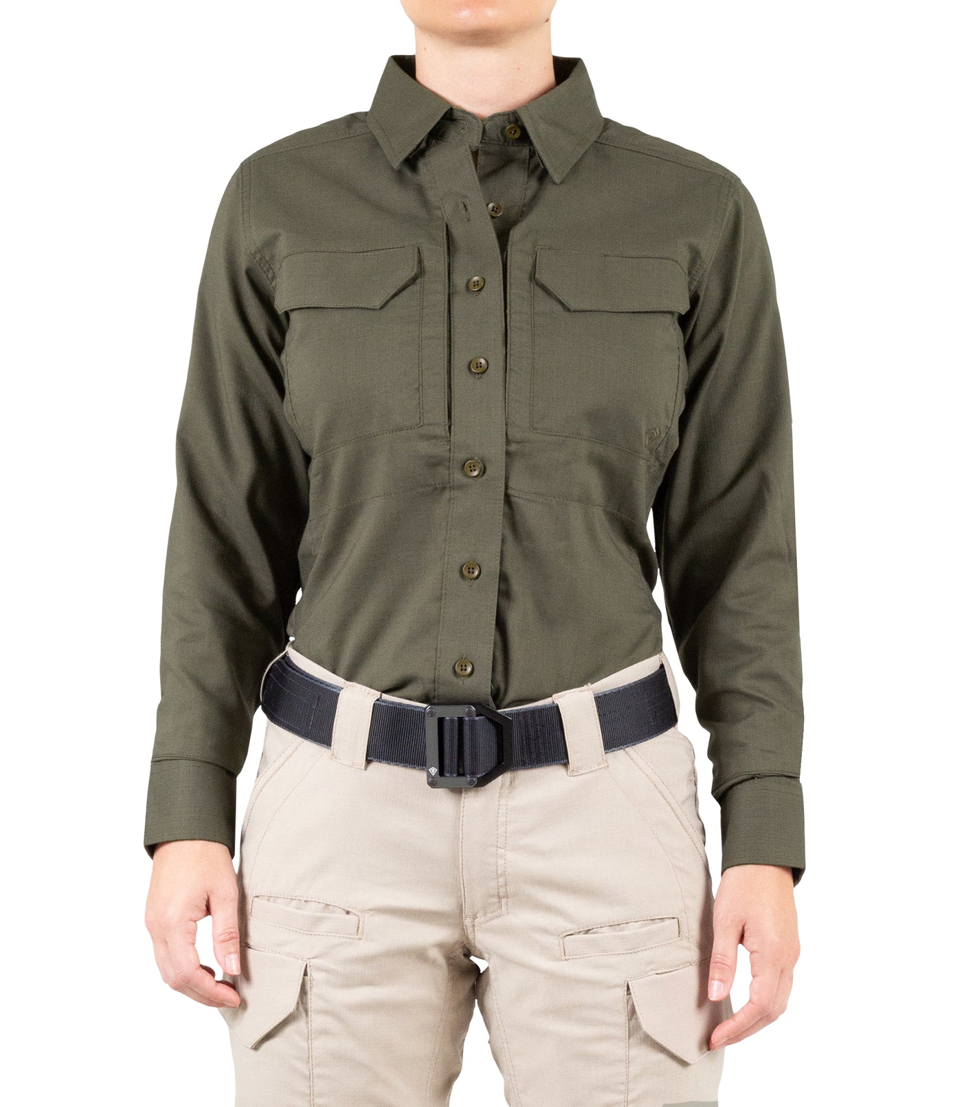 Front of Women's V2 Tactical Long Sleeve Shirt in OD Green