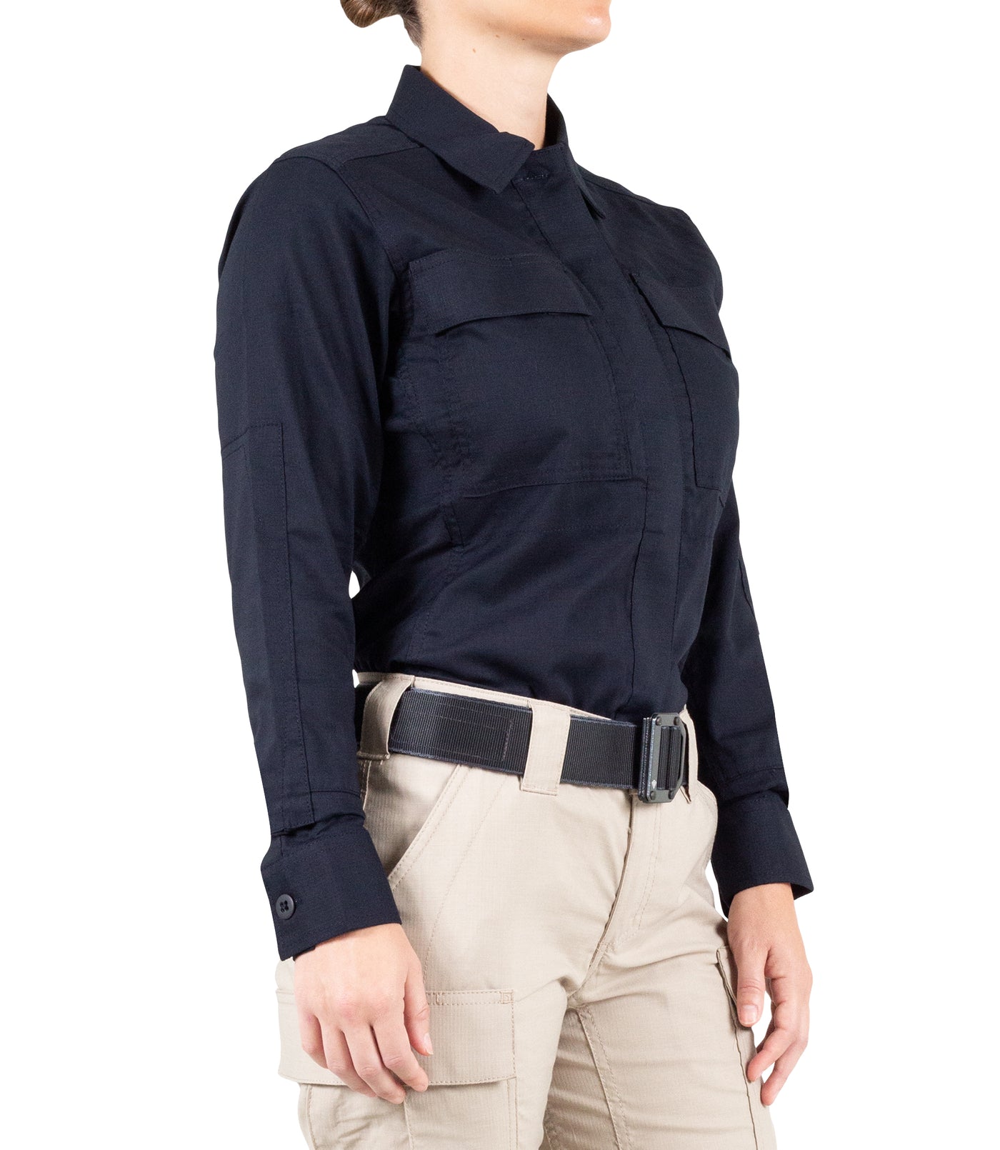 Side of Women's V2 BDU Long Sleeve Shirt in Midnight Navy