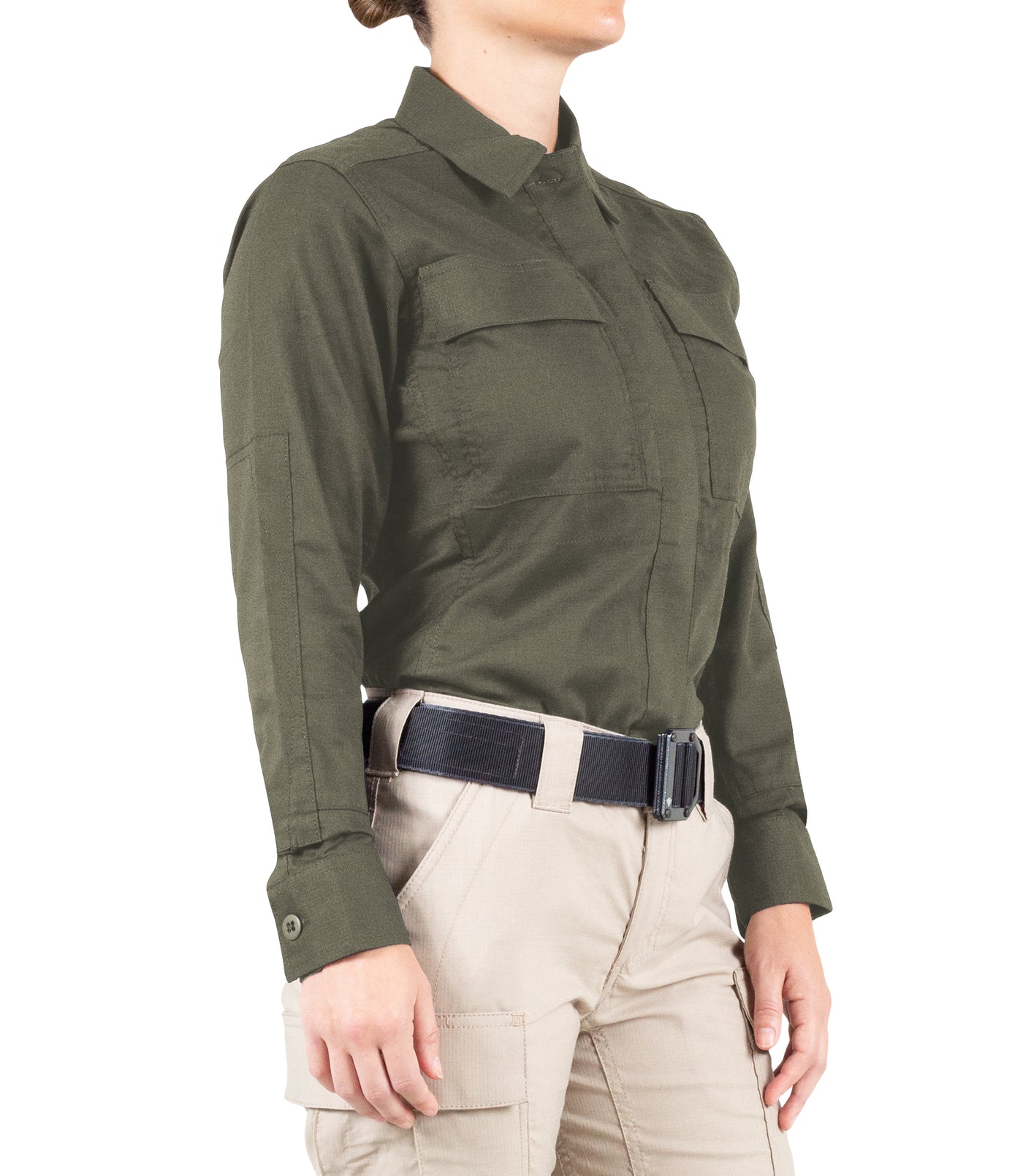 Side of Women's V2 BDU Long Sleeve Shirt in OD Green