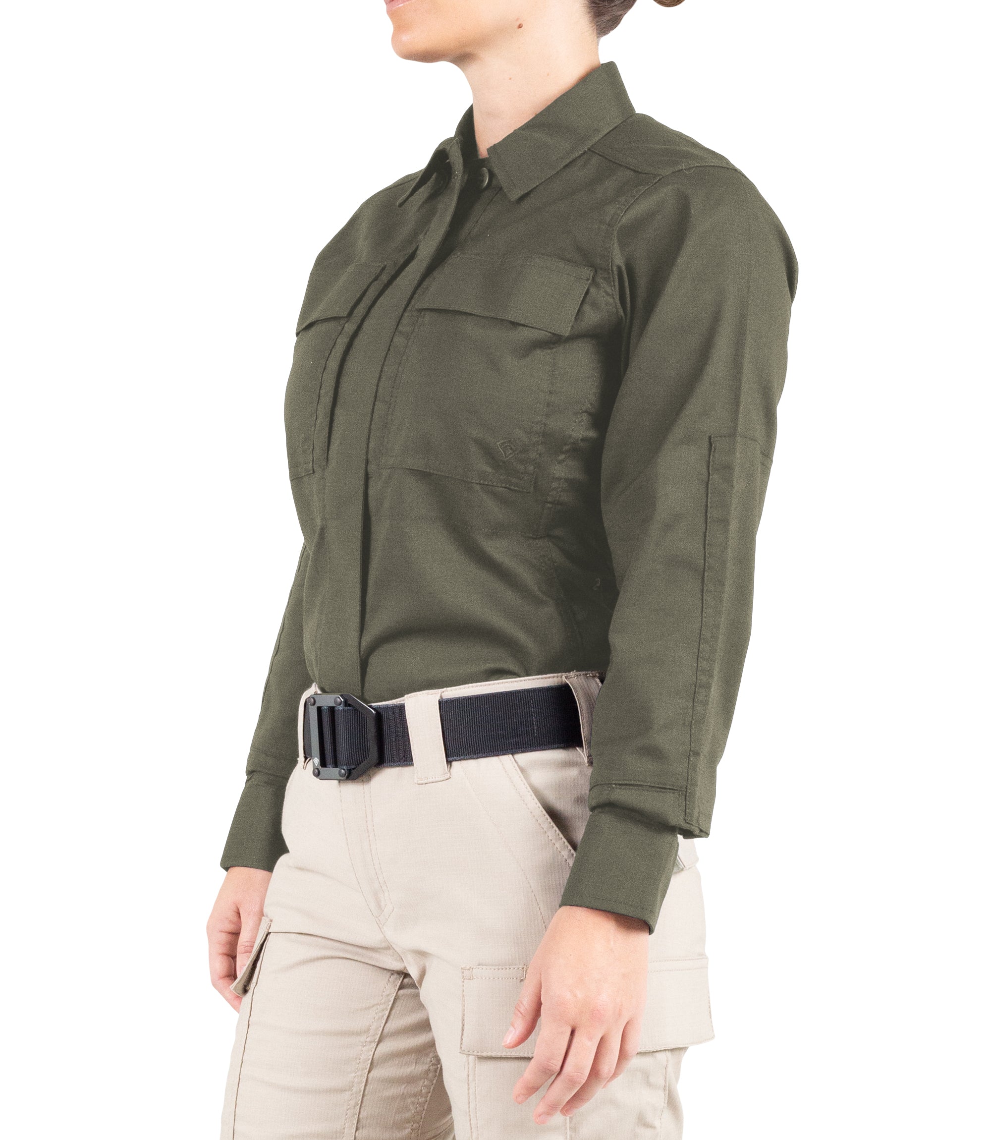Side of Women's V2 BDU Long Sleeve Shirt in OD Green |color_od green