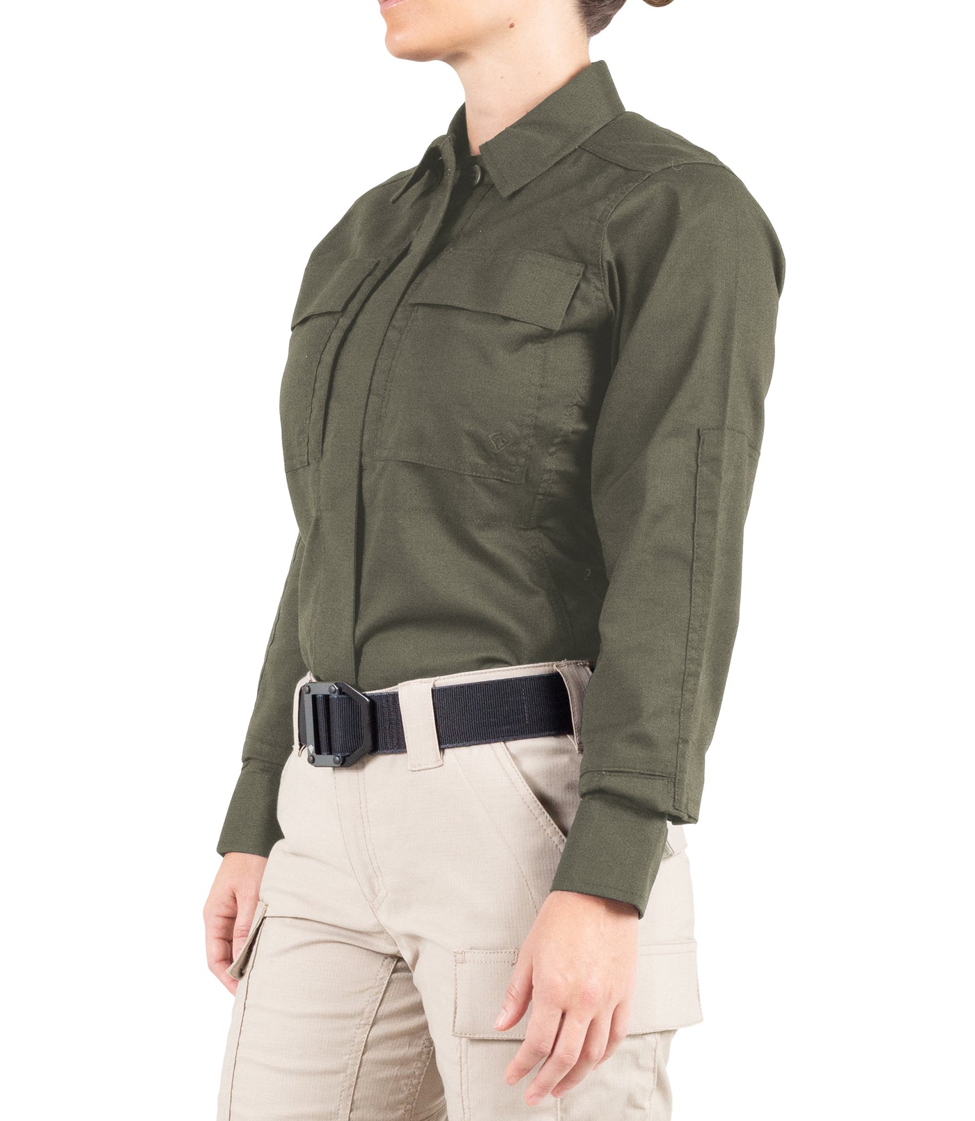 Side of Women's V2 BDU Long Sleeve Shirt in OD Green