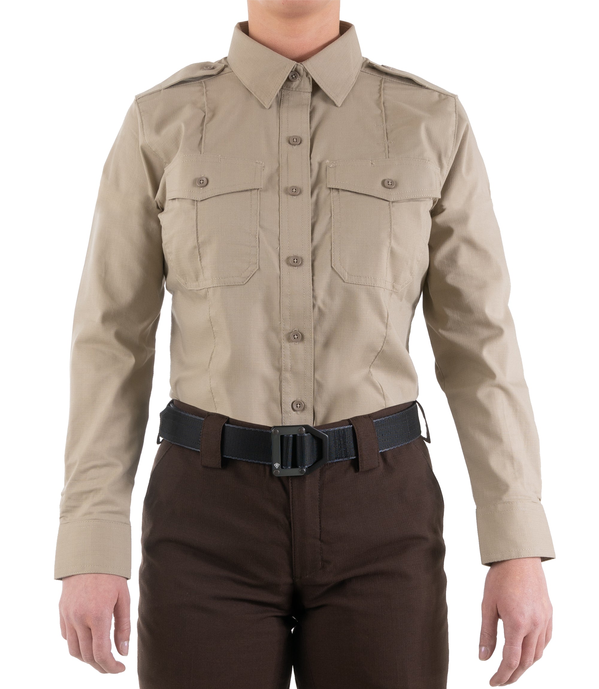 Front of Women's Pro Duty Uniform Shirt in Silver Tan |color_silver tan
