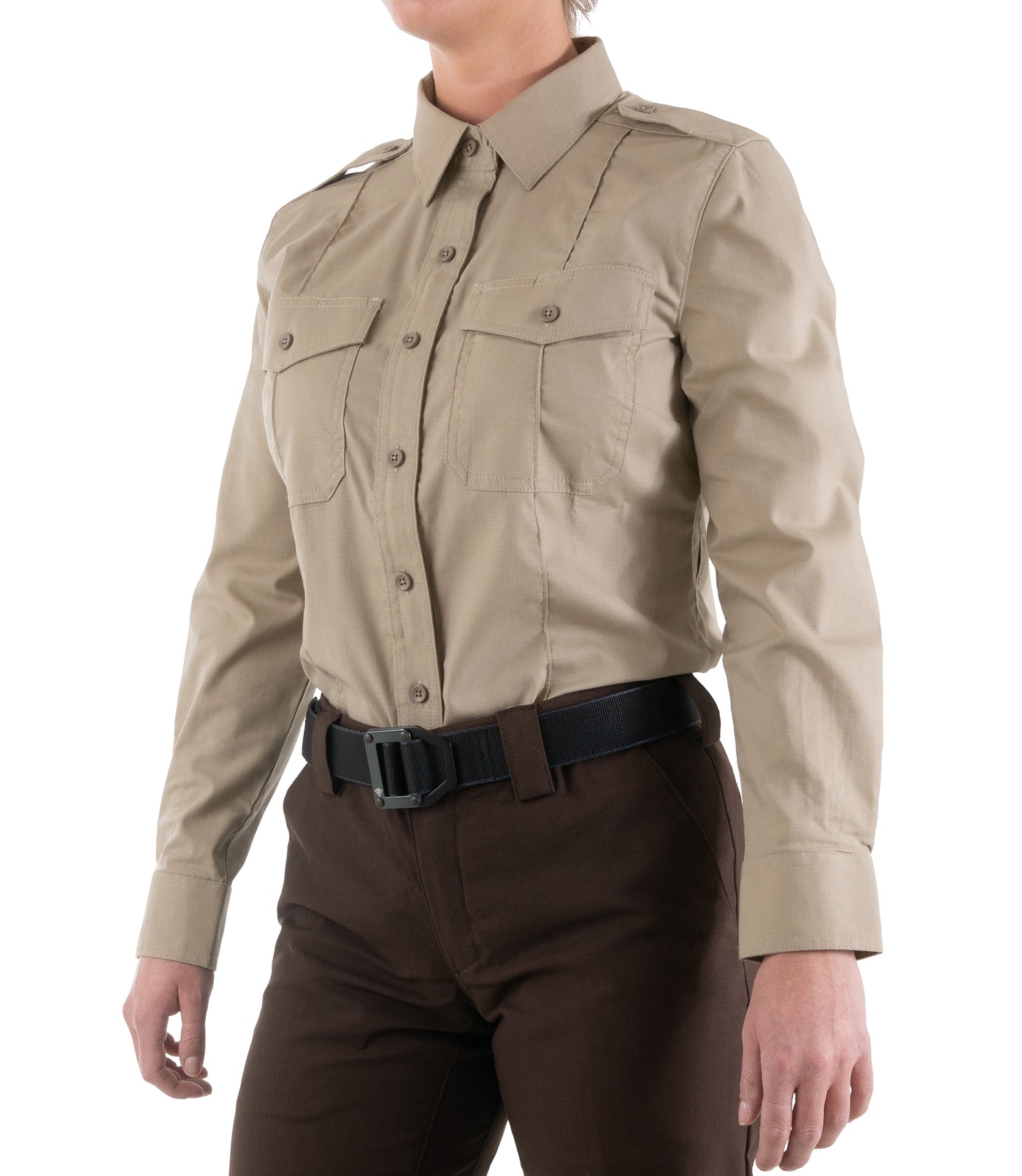 Side of Women's Pro Duty Uniform Shirt in Silver Tan