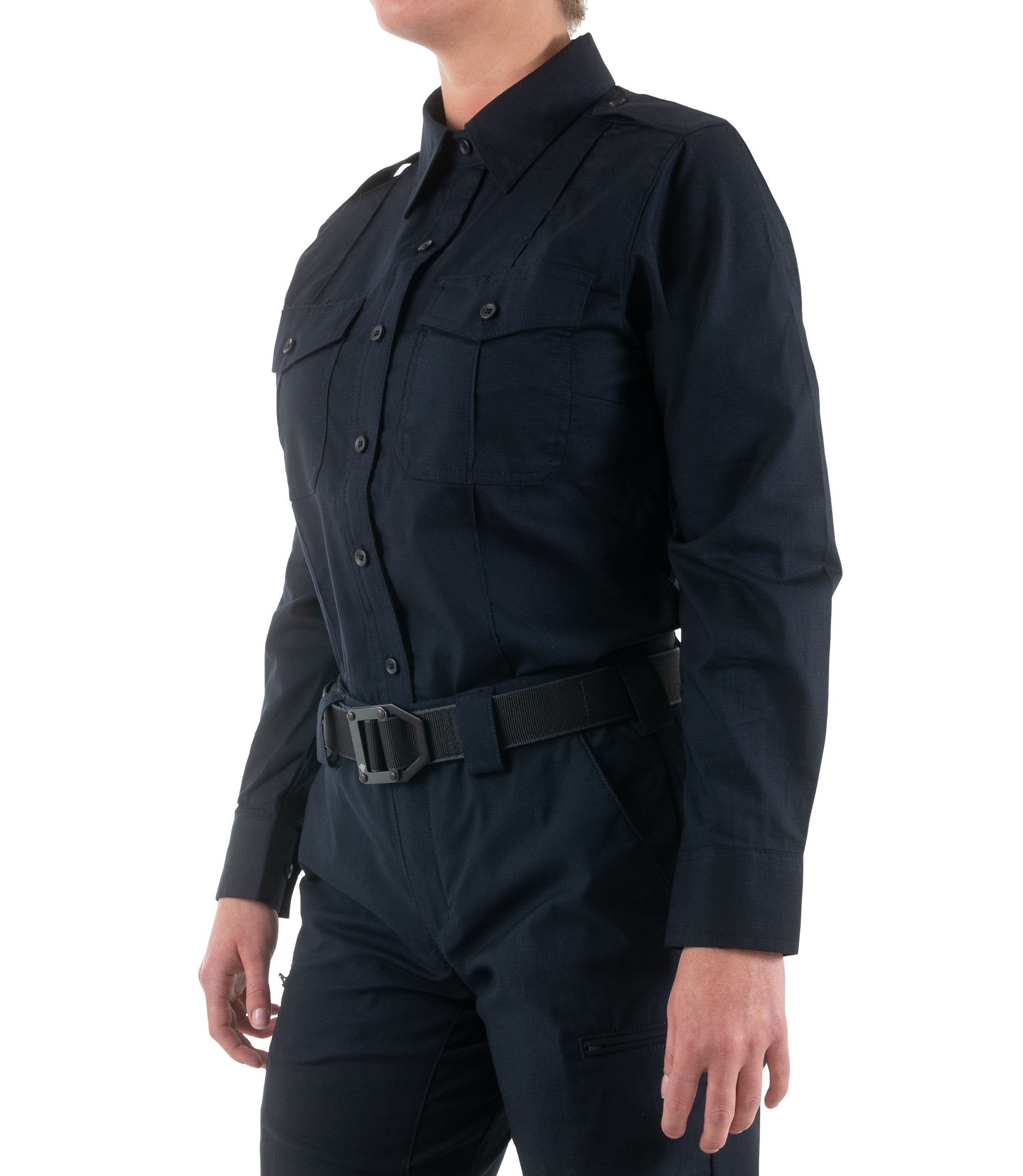 Side of Women's Pro Duty Uniform Shirt in Midnight Navy |color_midnight navy