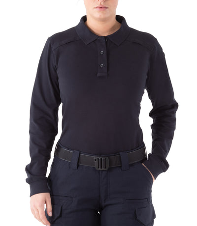 Front of Women's Cotton Long Sleeve Polo in Midnight Navy