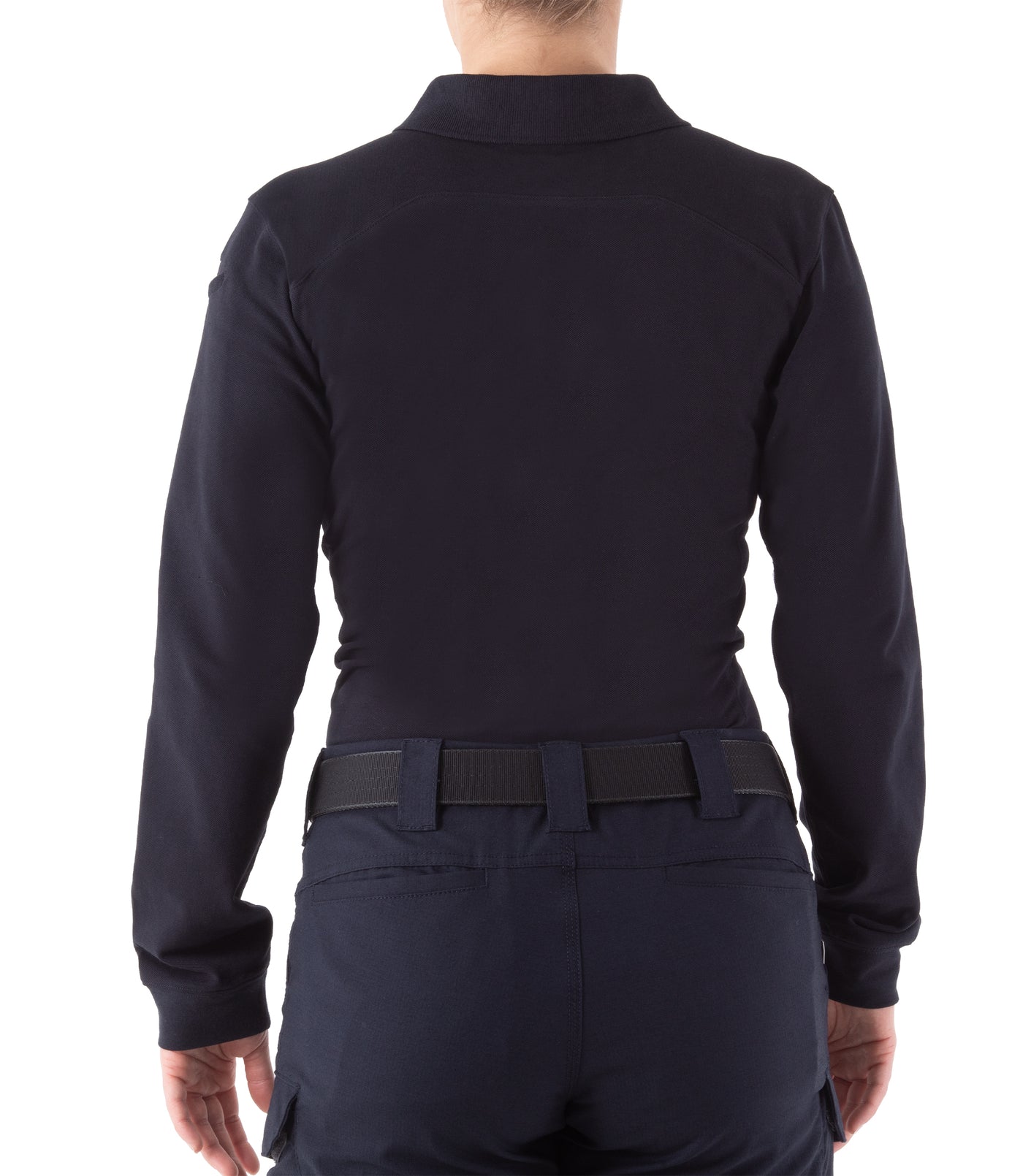 Back of Women's Cotton Long Sleeve Polo in Midnight Navy