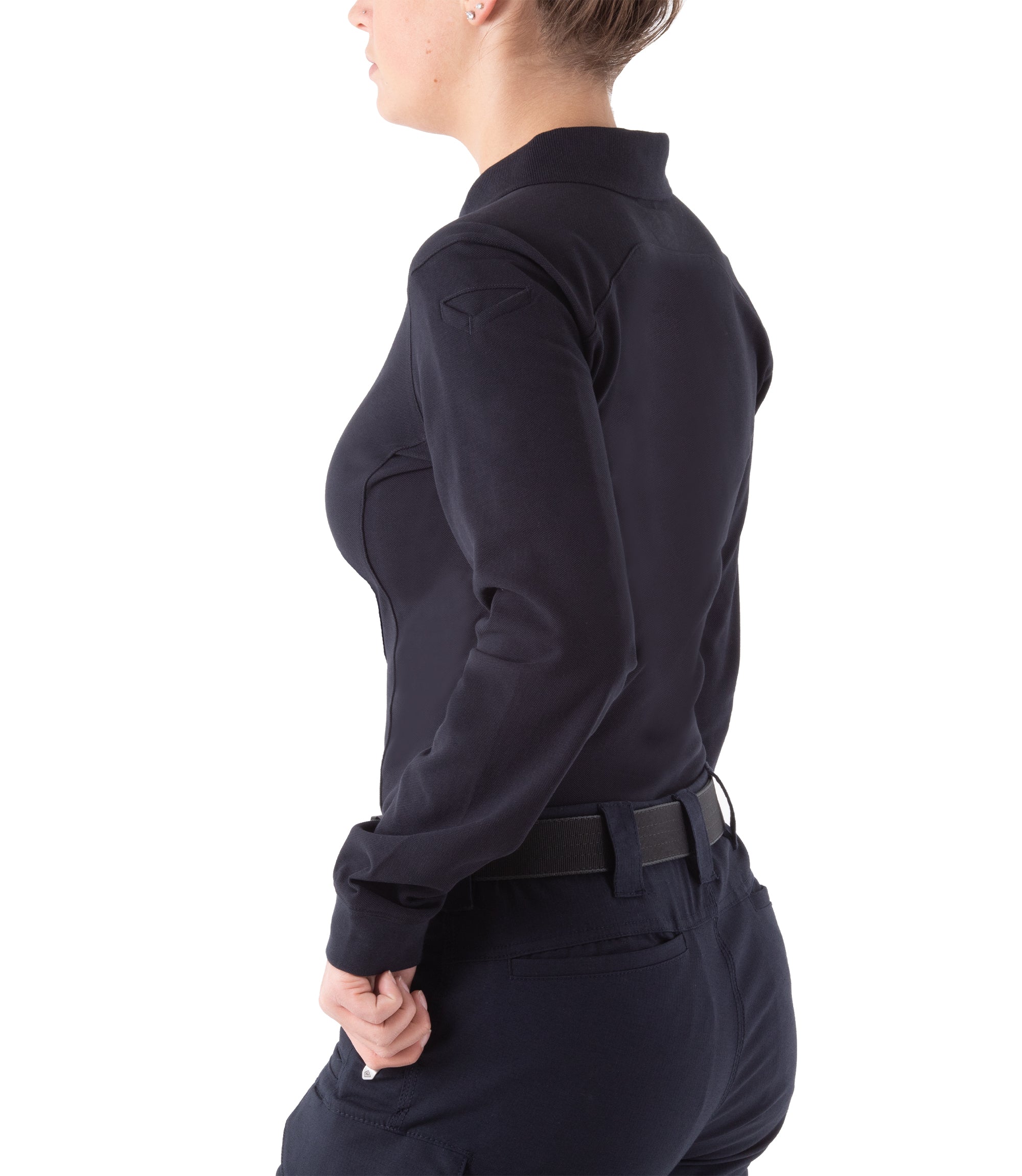 Side of Women's Cotton Long Sleeve Polo in Midnight Navy |color_midnight navy