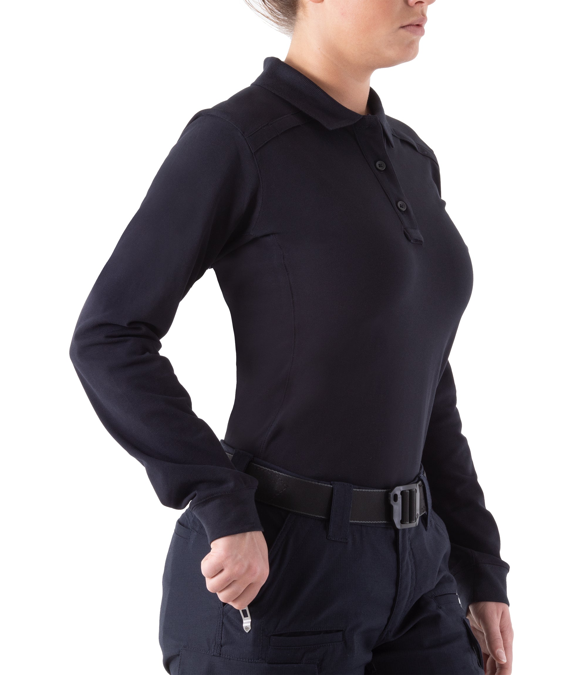 Side of Women's Cotton Long Sleeve Polo in Midnight Navy |color_midnight navy