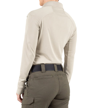 Back of Women's Performance Long Sleeve Polo in Silver Tan
