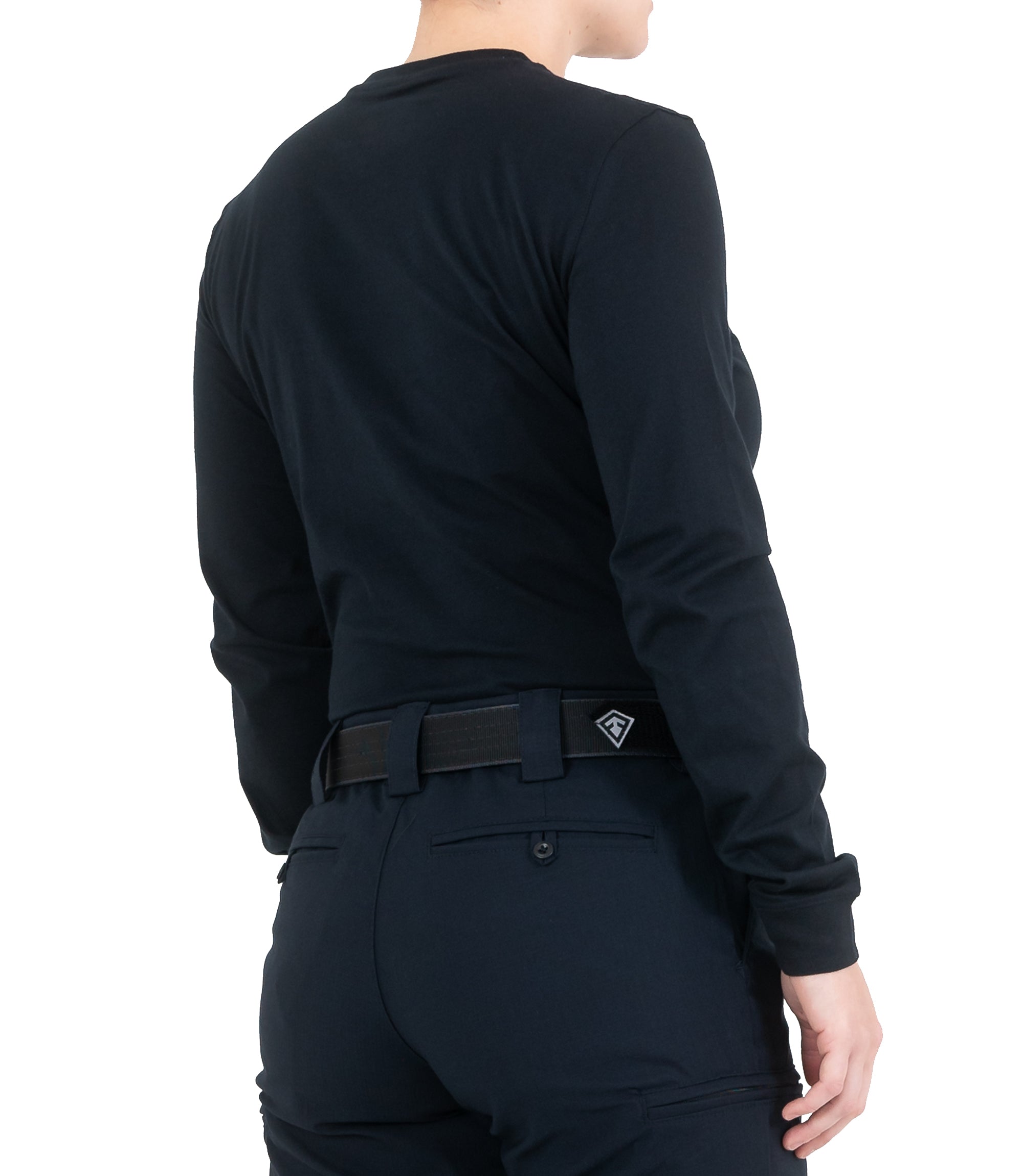 Right back side view of Women's Tactix Cotton Long Sleeve T-Shirt in Midnight Navy |color_midnight navy