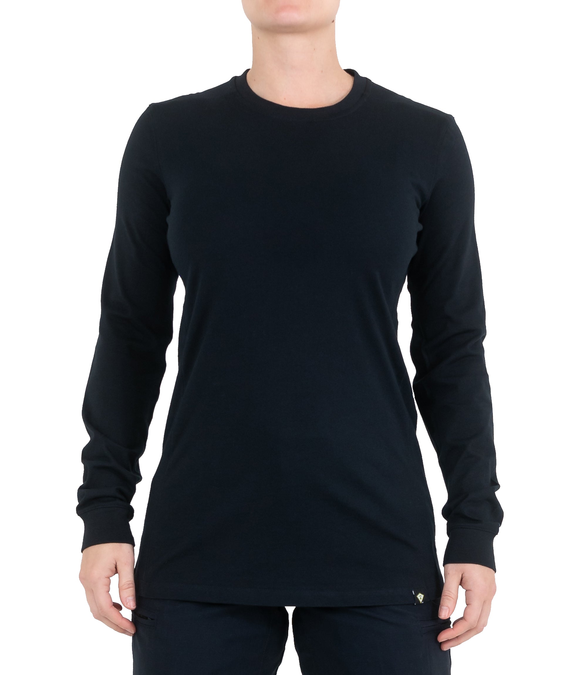 Untucked Front of Women's Tactix Series Cotton Long Sleeve T-Shirt in Midnight Navy |color_midnight navy