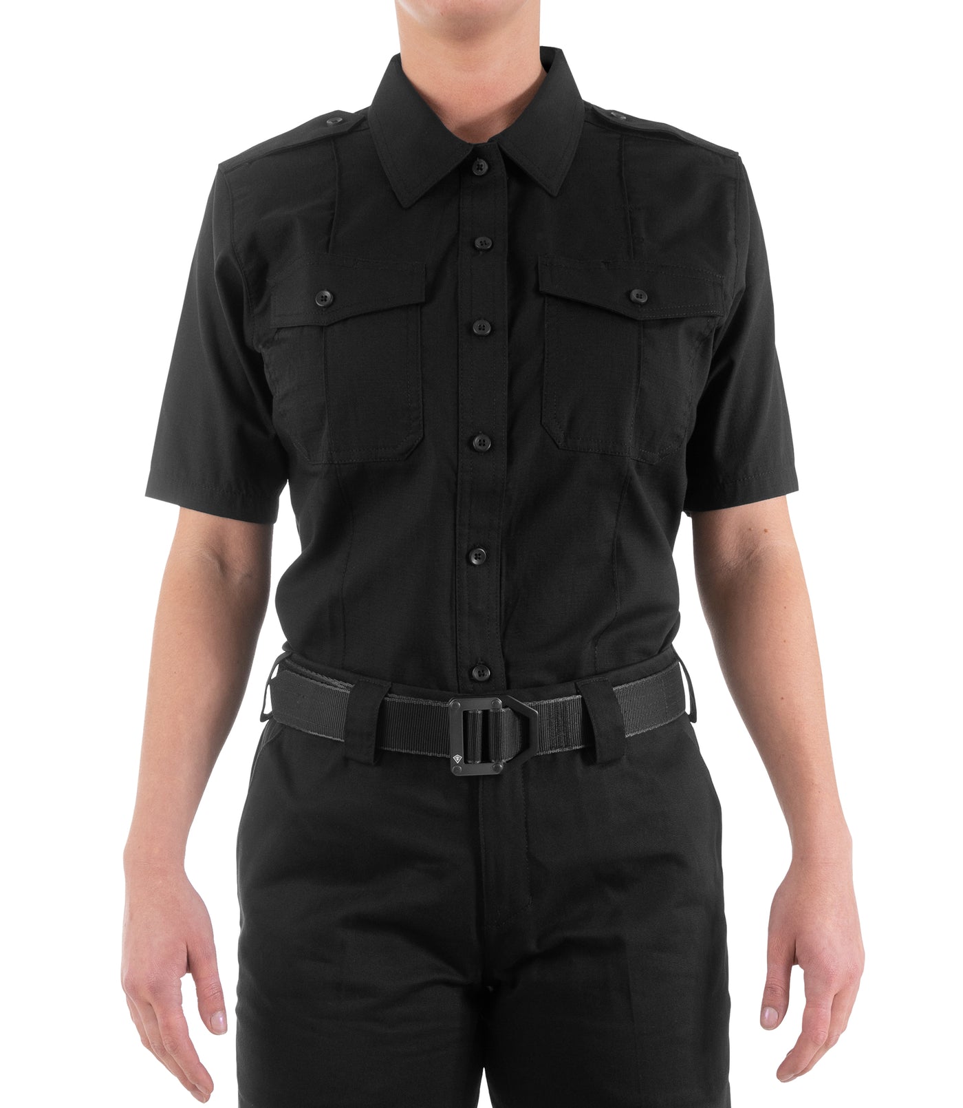 Front of Women's Pro Duty Uniform Short Sleeve Shirt in Black