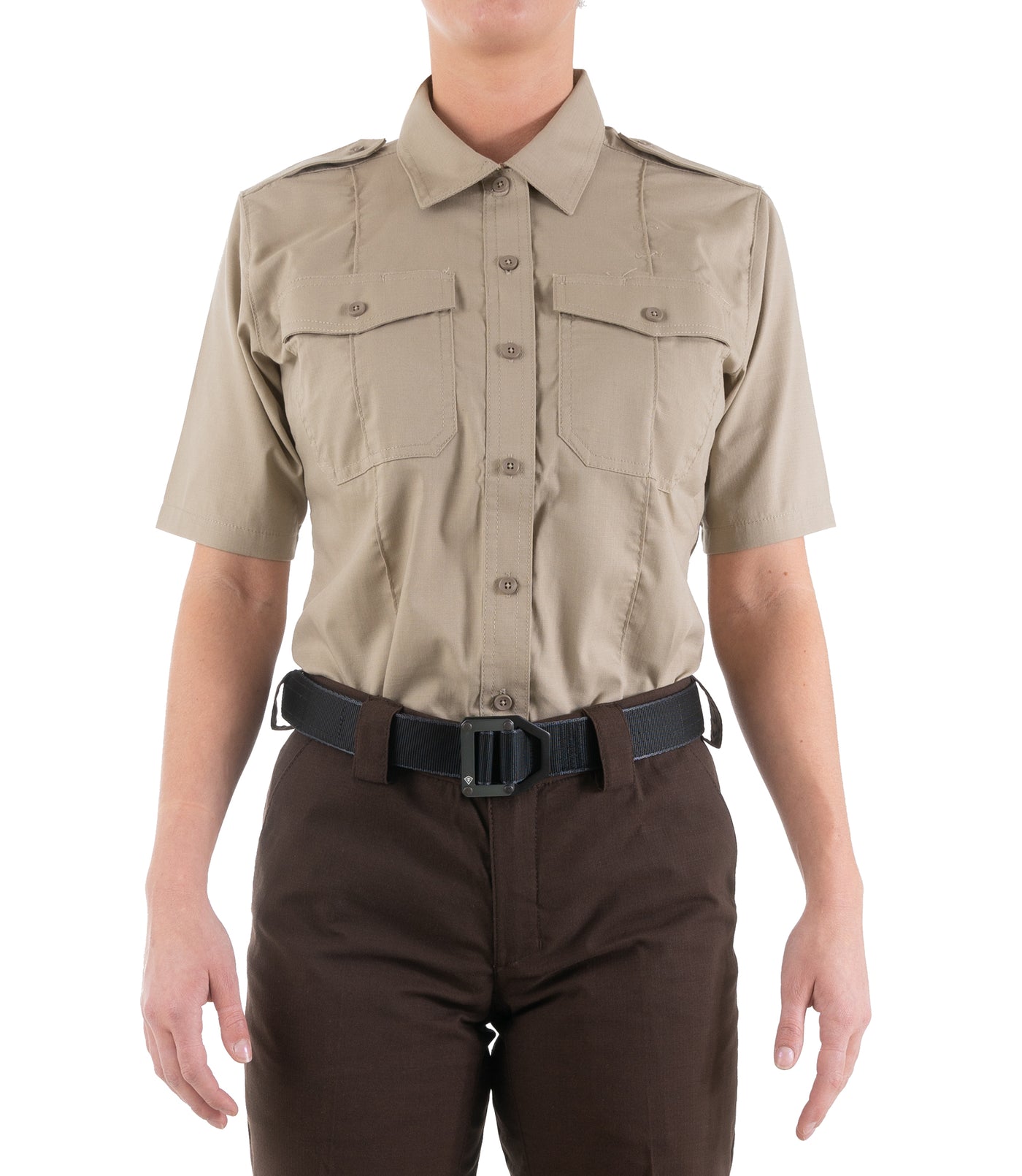 Front of Women's Pro Duty Uniform Short Sleeve Shirt in Silver Tan