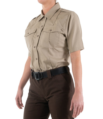 Side of Women's Pro Duty Uniform Short Sleeve Shirt in Silver Tan