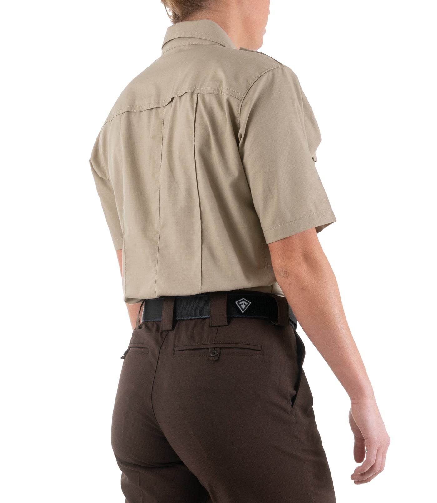 Side of Women's Pro Duty Uniform Short Sleeve Shirt in Silver Tan