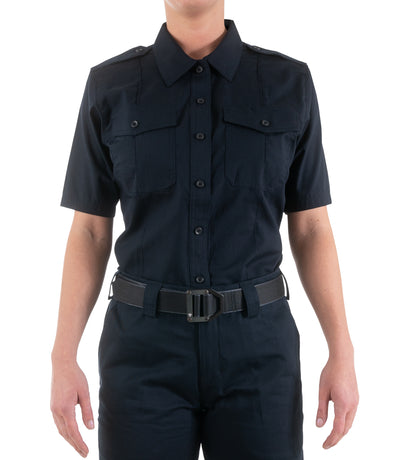 Front of Women's Pro Duty Uniform Short Sleeve Shirt in Midnight Navy