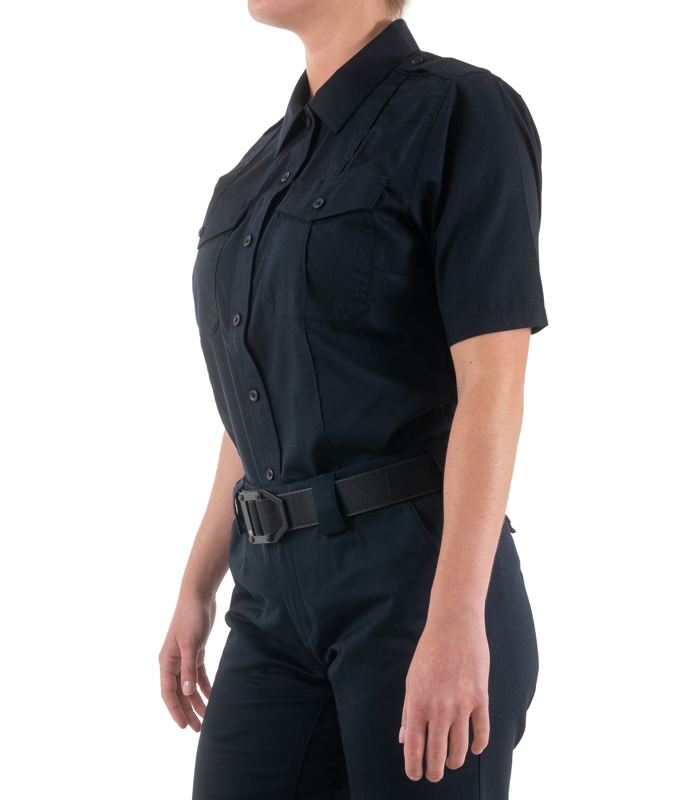 Side of Women's Pro Duty Uniform Short Sleeve Shirt in Midnight Navy