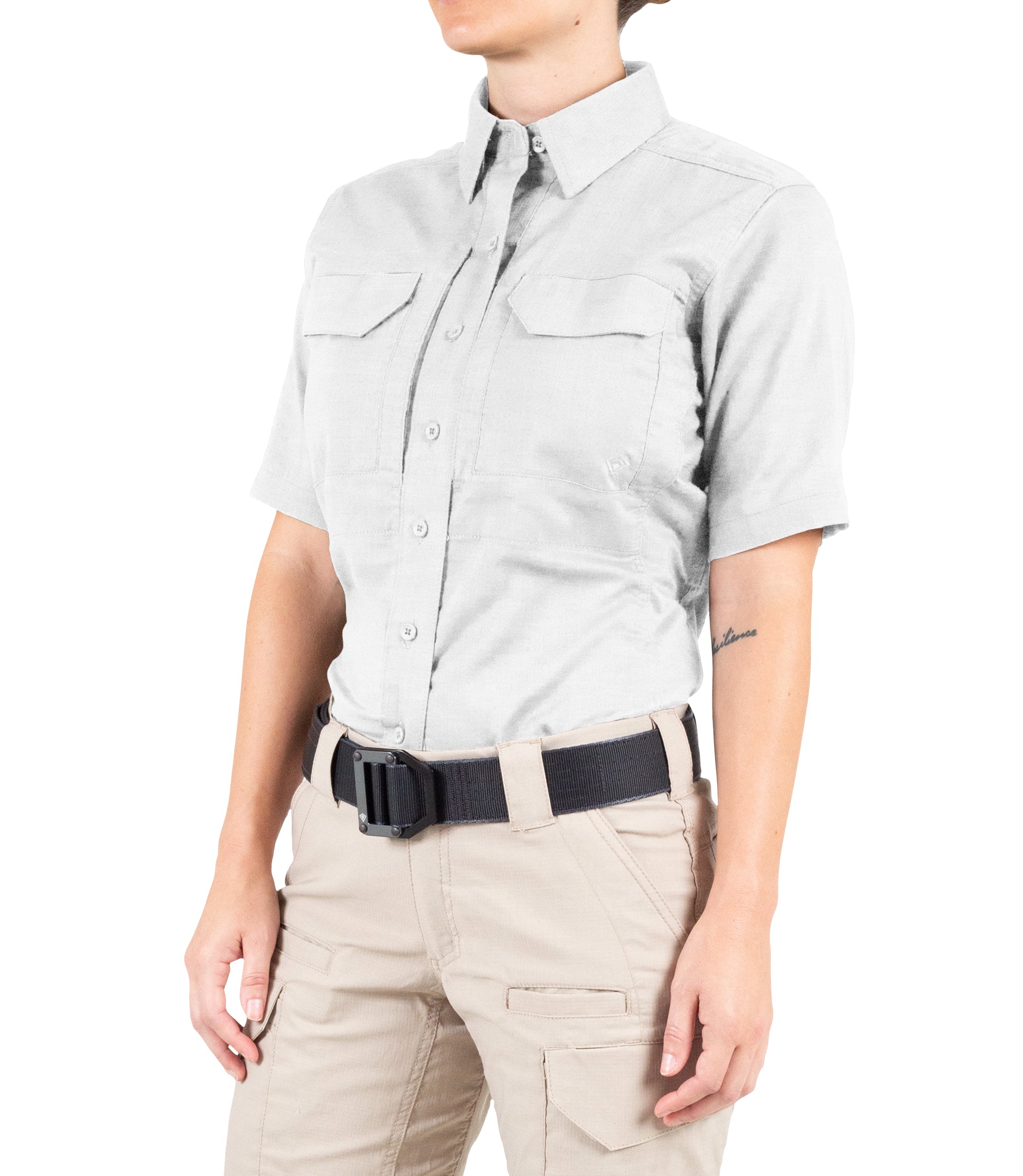 Side of Women's V2 Tactical Short Sleeve Shirt in White |color_white