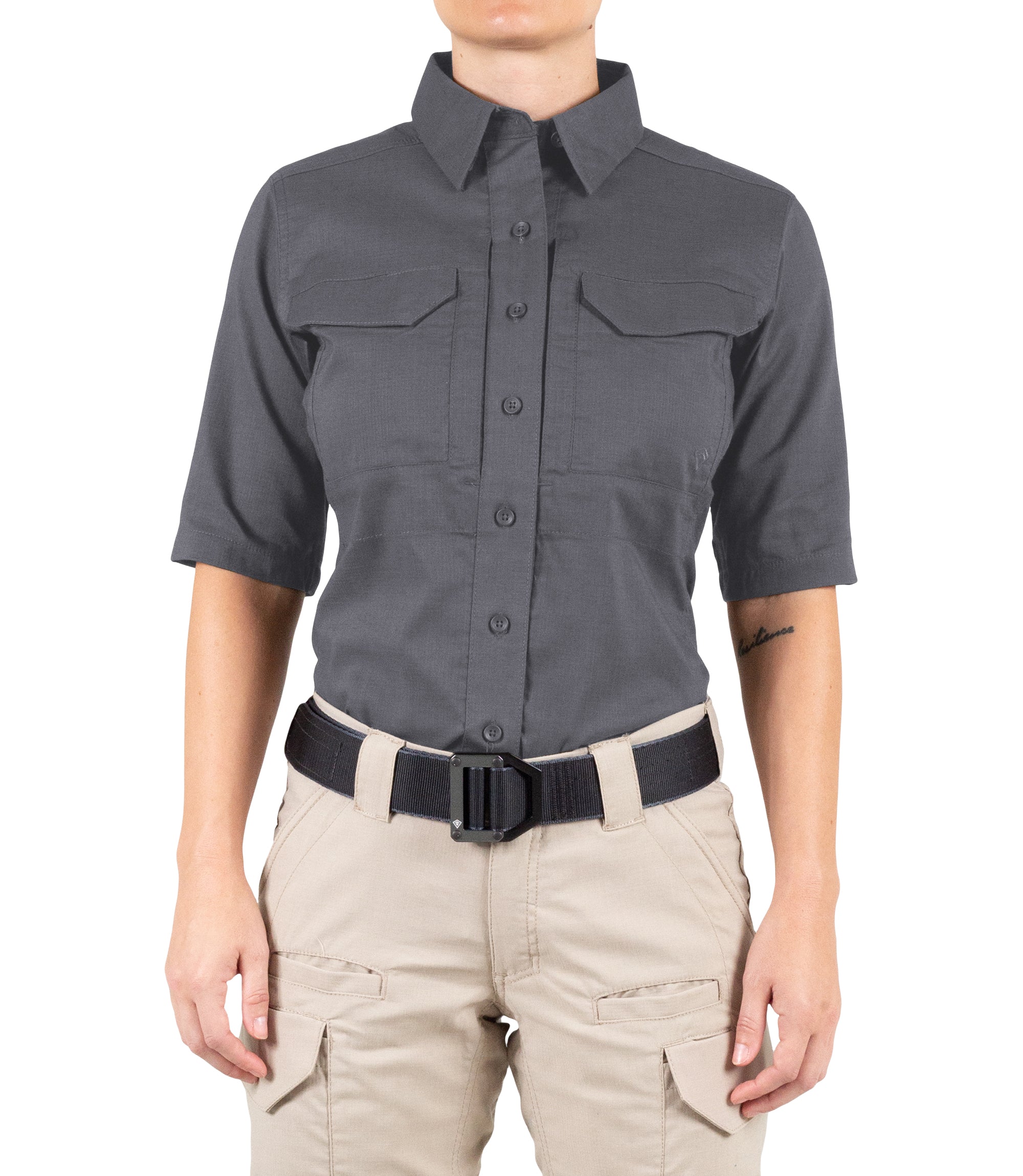 Front of Women's V2 Tactical Short Sleeve Shirt in Wolf Grey |color_wolf grey