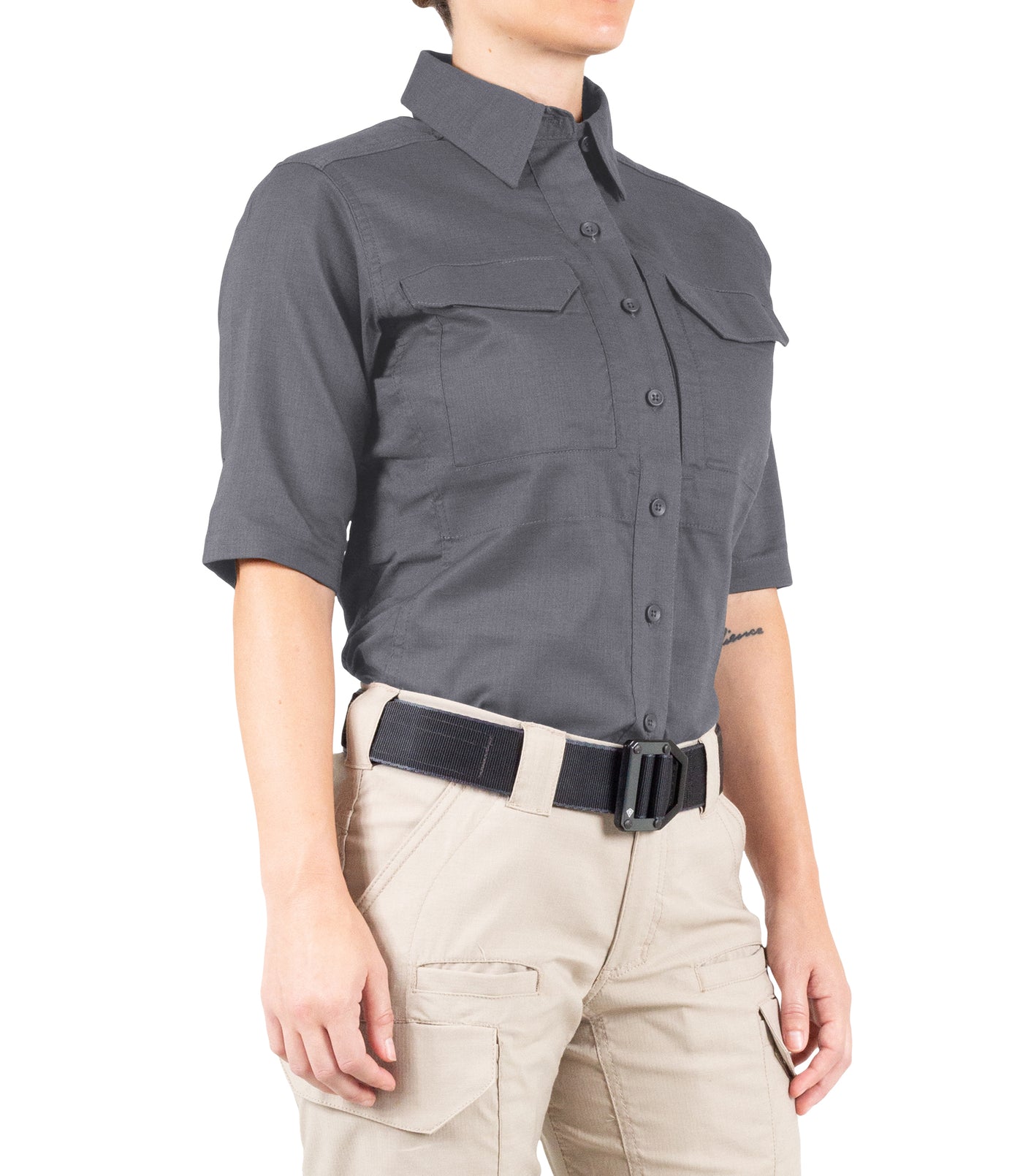 Side of Women's V2 Tactical Short Sleeve Shirt in Wolf Grey