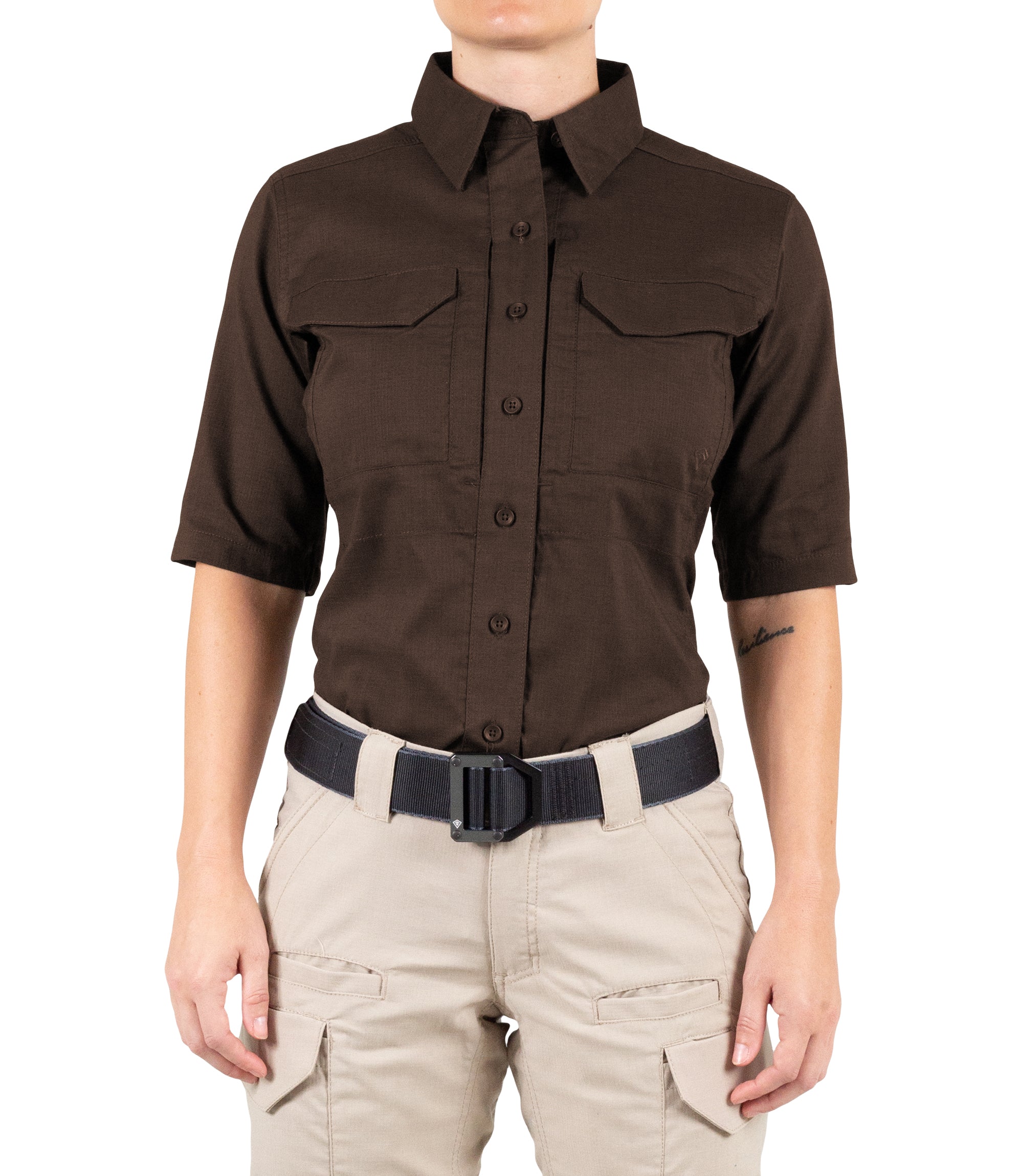 Front of Women's V2 Tactical Short Sleeve Shirt in Kodiak Brown|color_kodiak brown