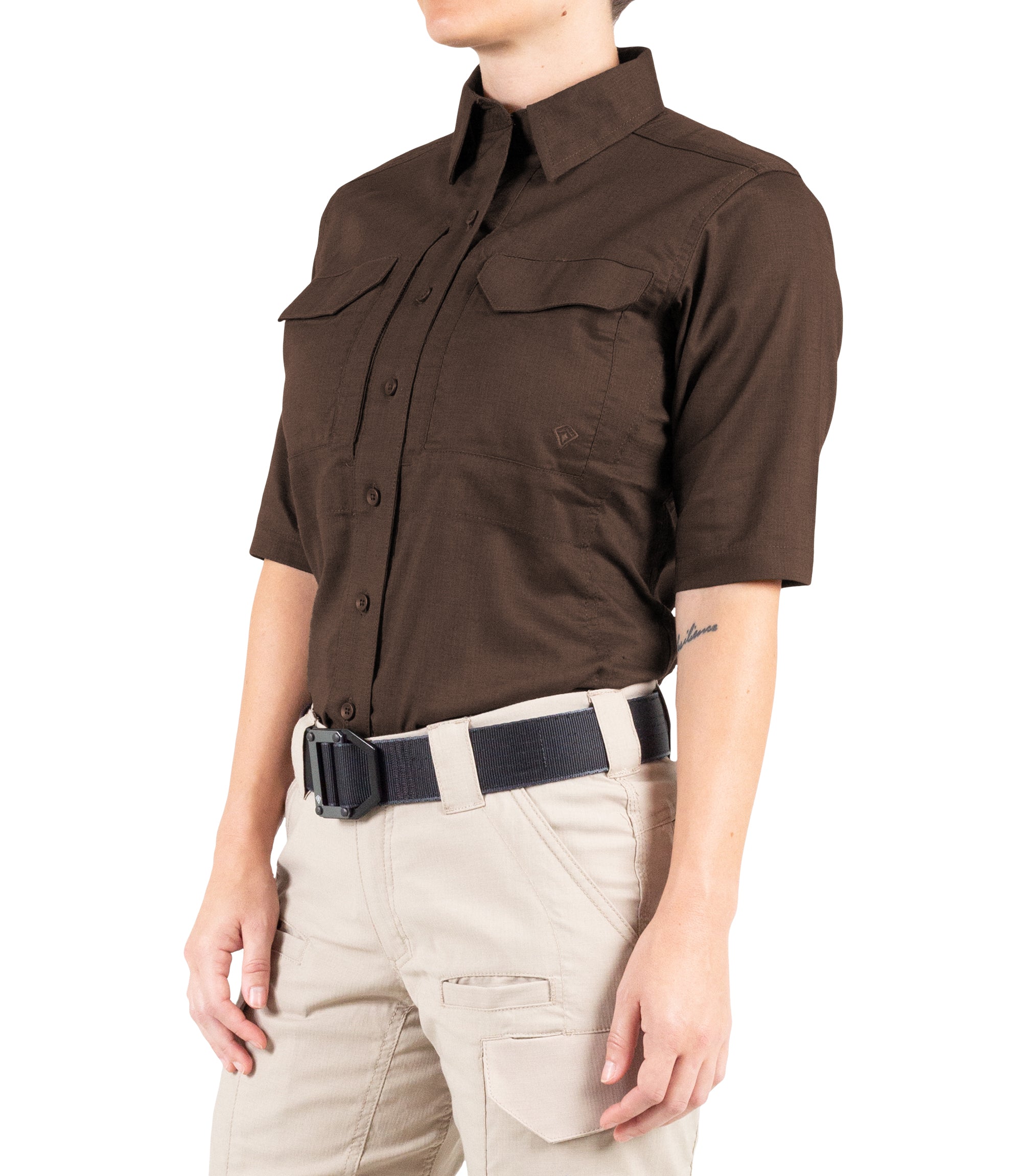 Side of Women's V2 Tactical Short Sleeve Shirt in Kodiak Brown|color_kodiak brown