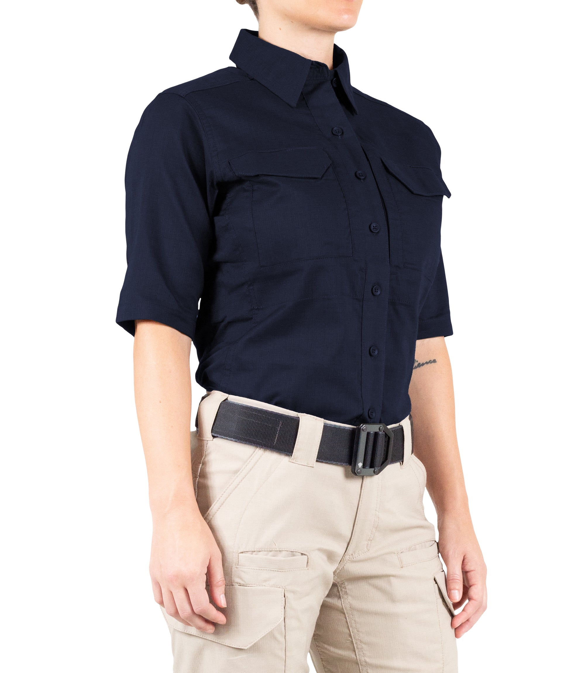 Side of Women's V2 Tactical Short Sleeve Shirt in Midnight Navy |color_midnight navy