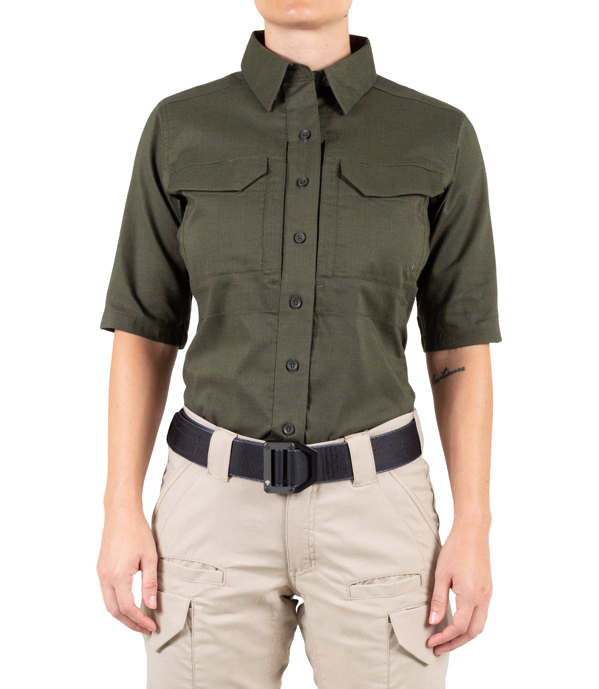 Front of Women's V2 Tactical Short Sleeve Shirt in OD Green |color_od green