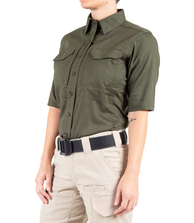 Side of Women's V2 Tactical Short Sleeve Shirt in OD Green