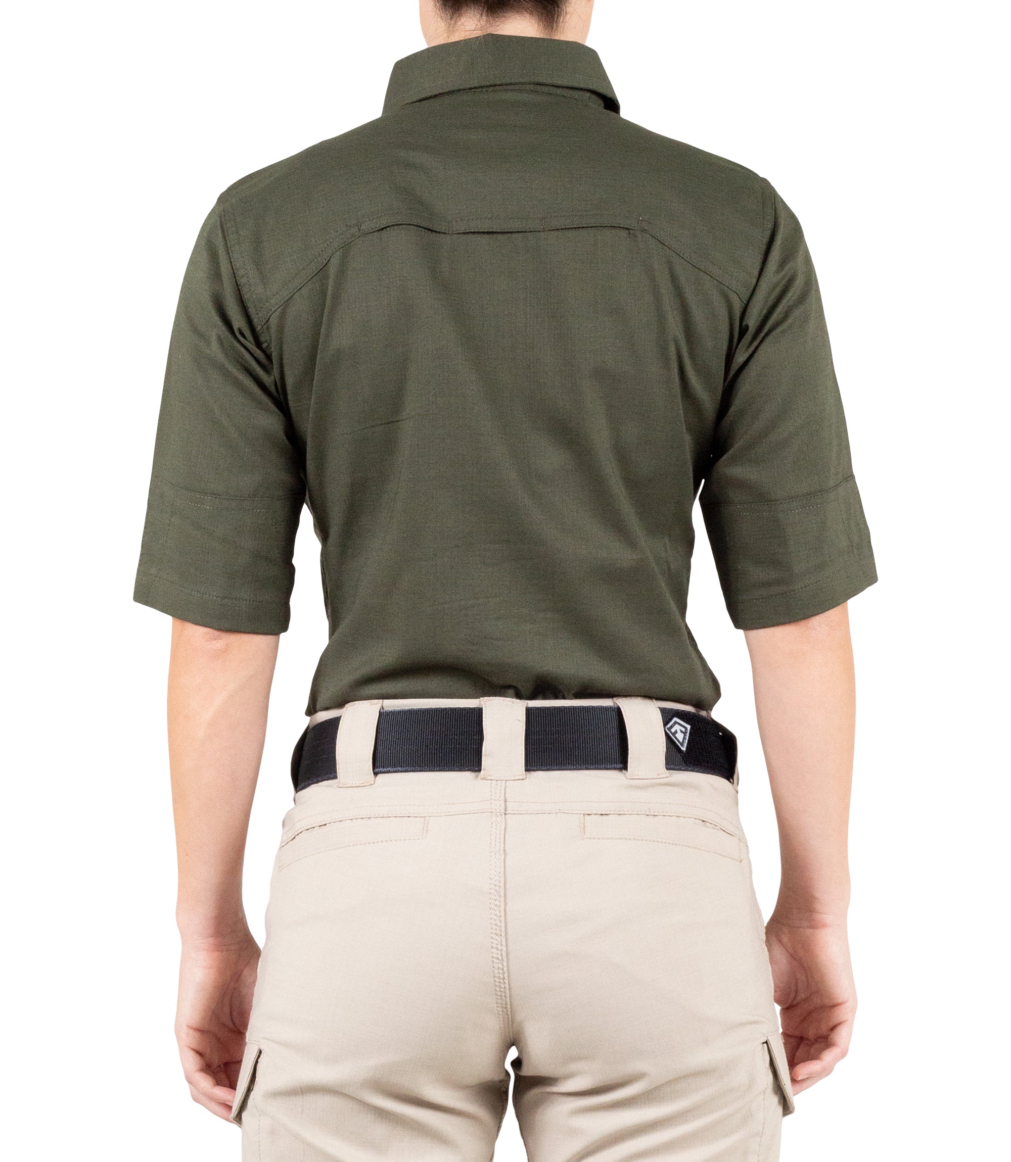 Back of Women's V2 Tactical Short Sleeve Shirt in OD Green |color_od green
