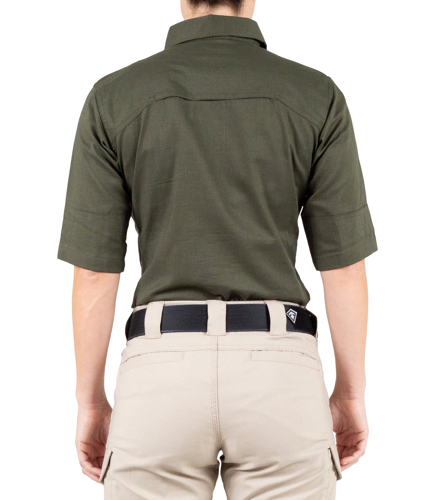 Back of Women's V2 Tactical Short Sleeve Shirt in OD Green