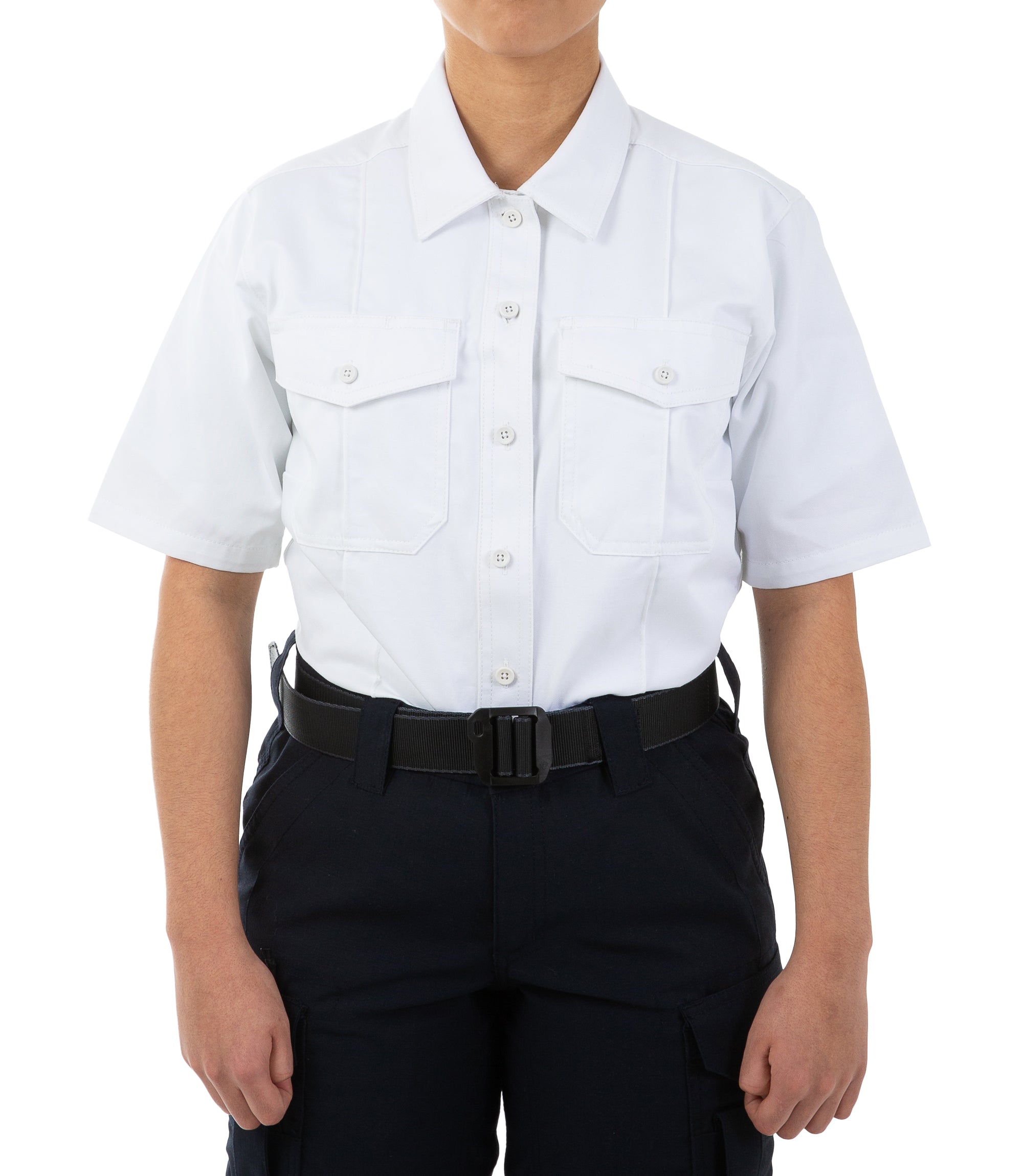 Front of Women's Cotton Station Short Sleeve Shirt in White |color_white