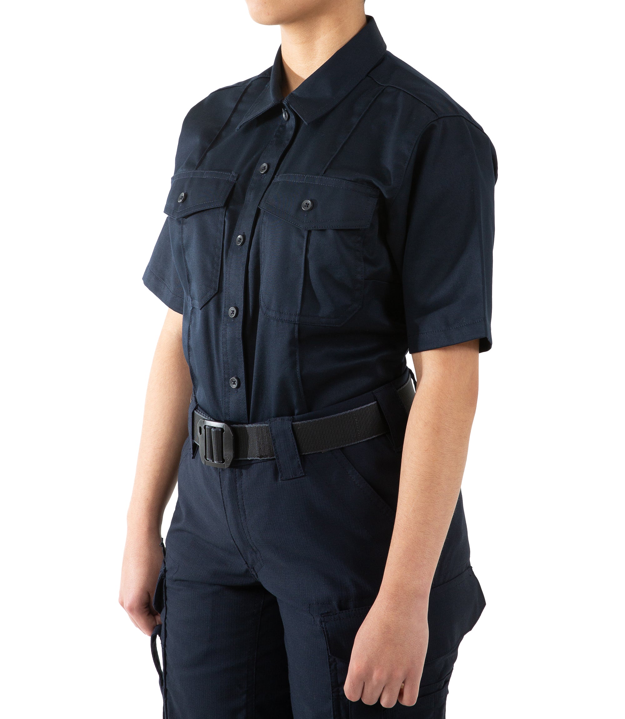 Side of Women's Cotton Station Short Sleeve Shirt in Midnight Navy |color_midnight navy