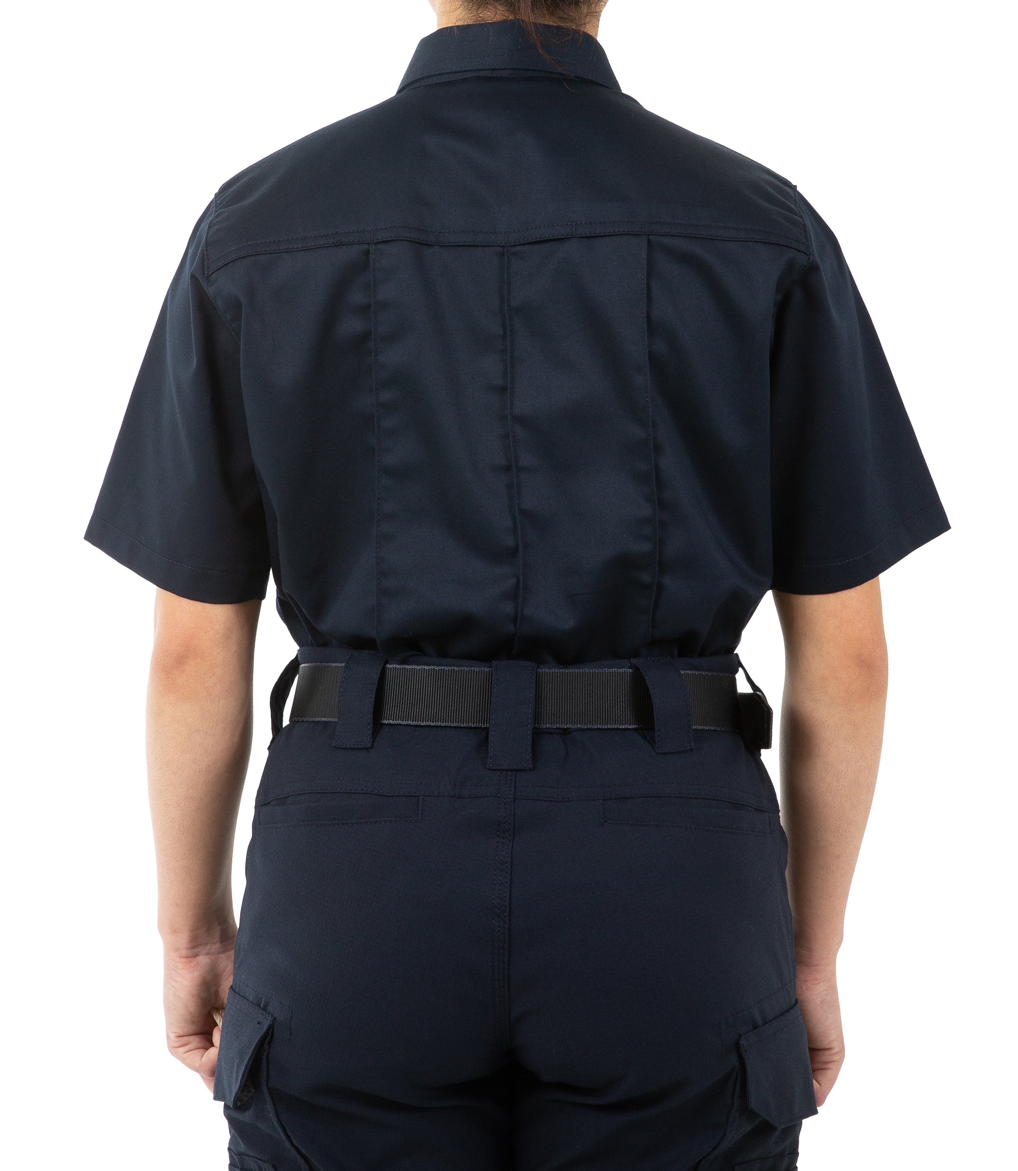Back of Women's Cotton Station Short Sleeve Shirt in Midnight Navy |color_midnight navy