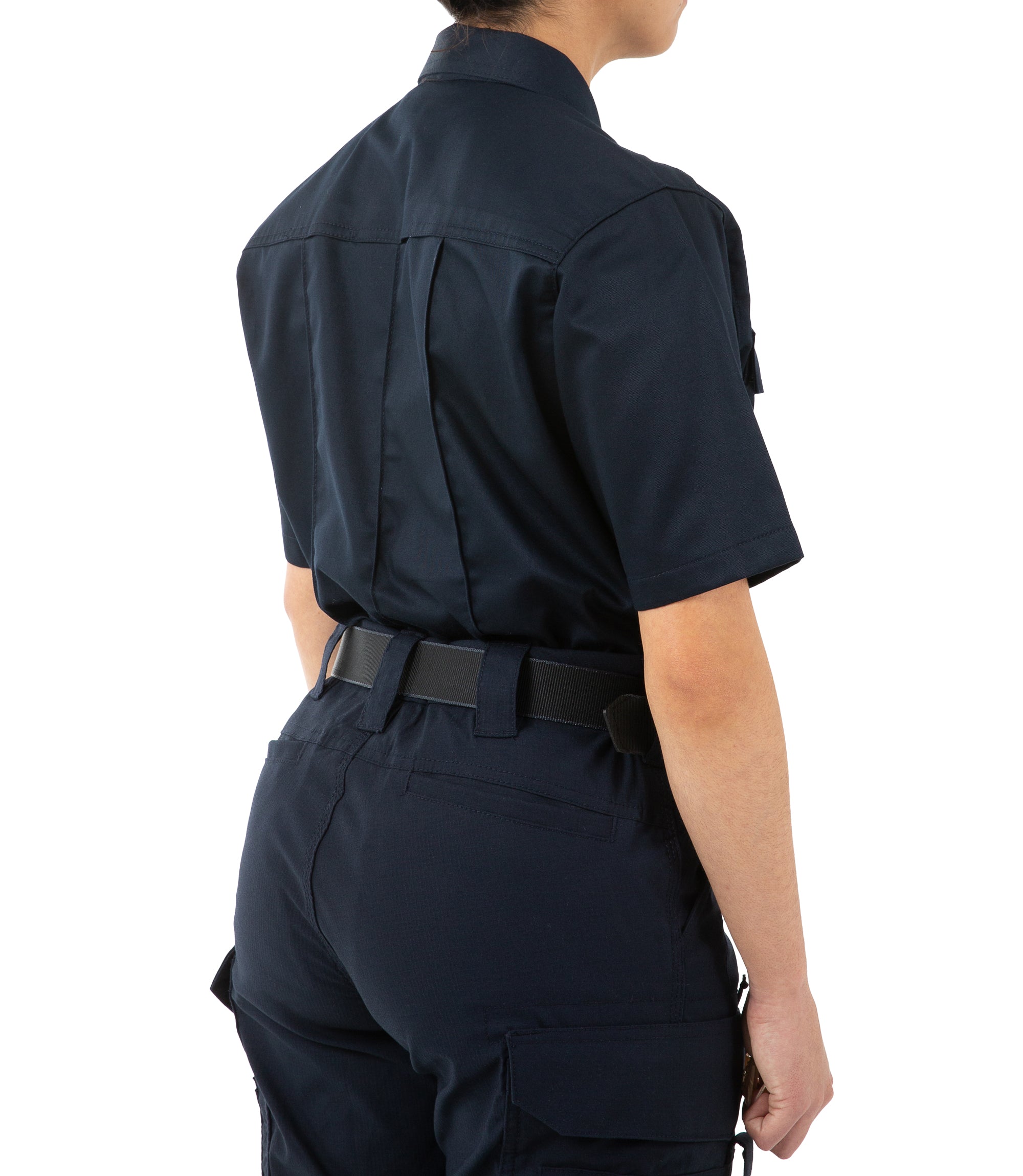 Side of Women's Cotton Station Short Sleeve Shirt in Midnight Navy |color_midnight navy
