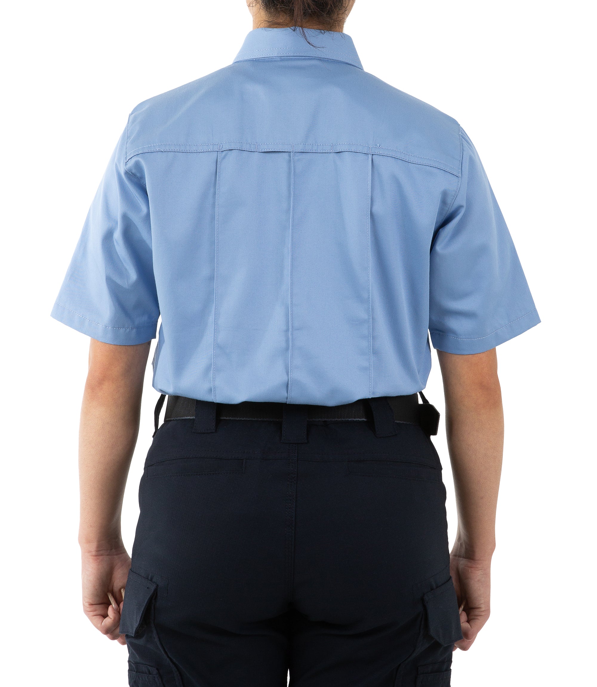 Back of Women's Cotton Station Short Sleeve Shirt in Medium Blue |color_medium blue