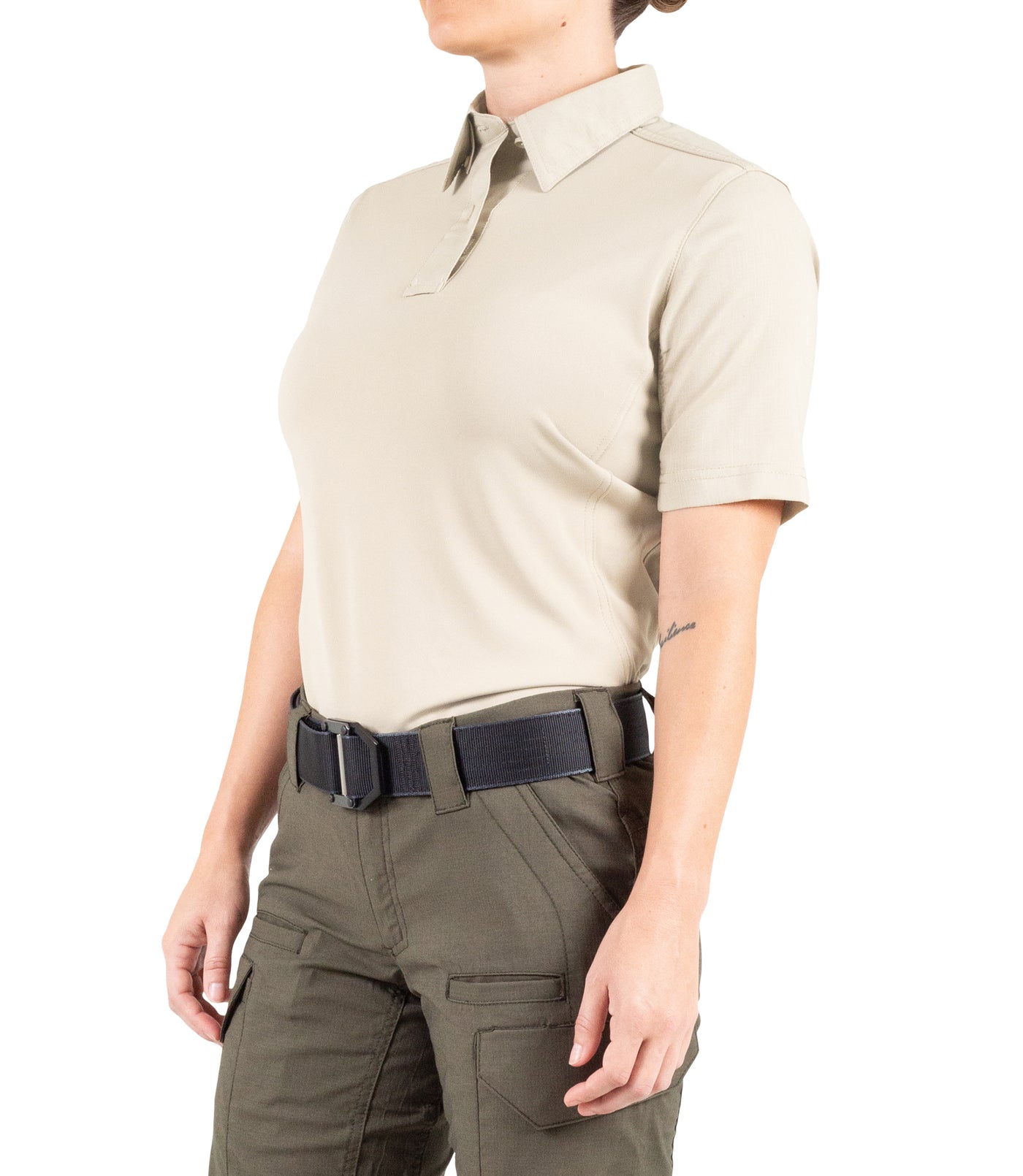 Side of Women's V2 Pro Performance Short Sleeve Shirt in Silver Tan