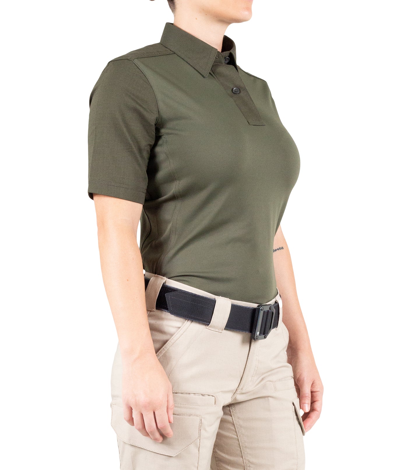 Side of Women's V2 Pro Performance Short Sleeve Shirt in OD Green
