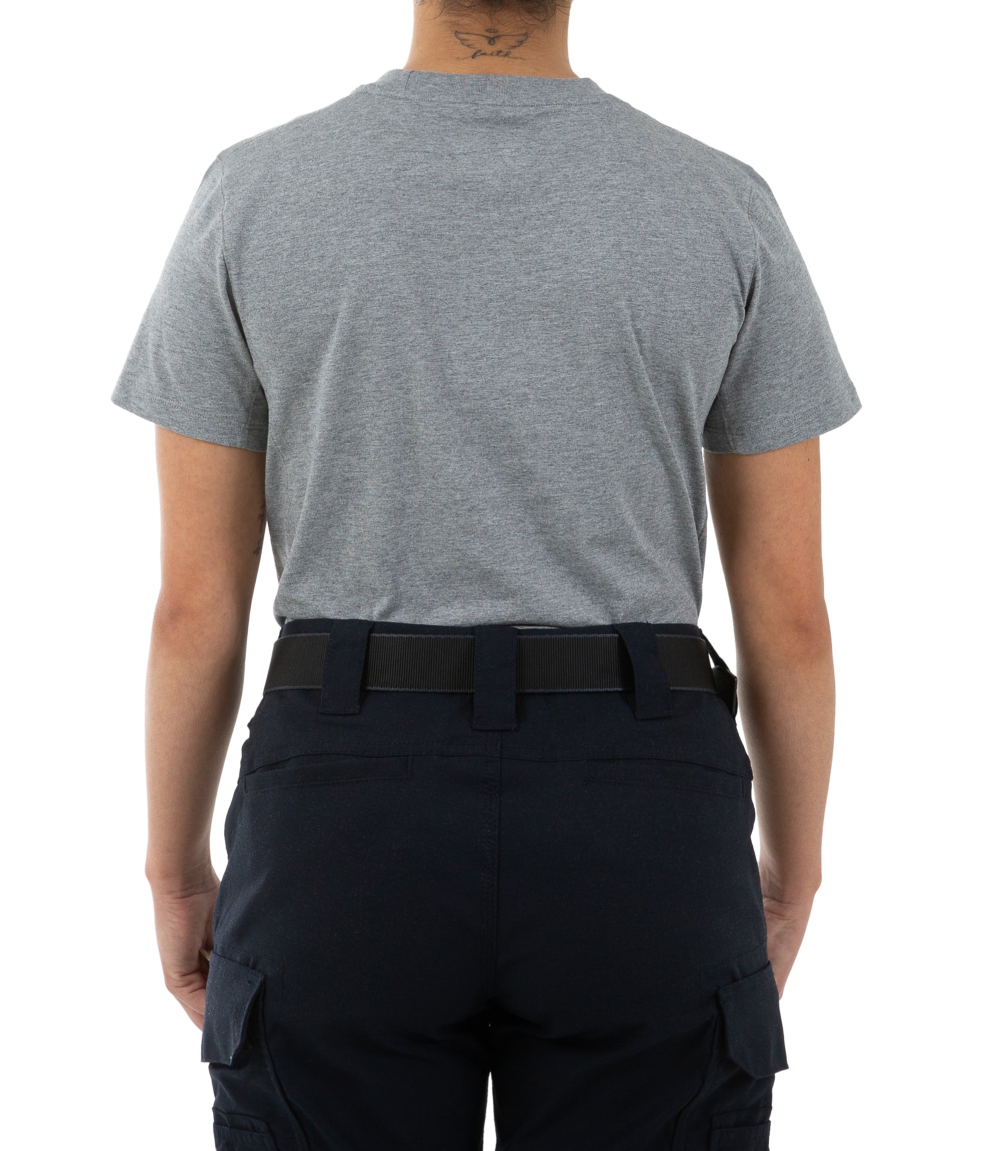 Back view of Women's Tactix Cotton Short Sleeve T-Shirt in Heather Grey |color_heather grey