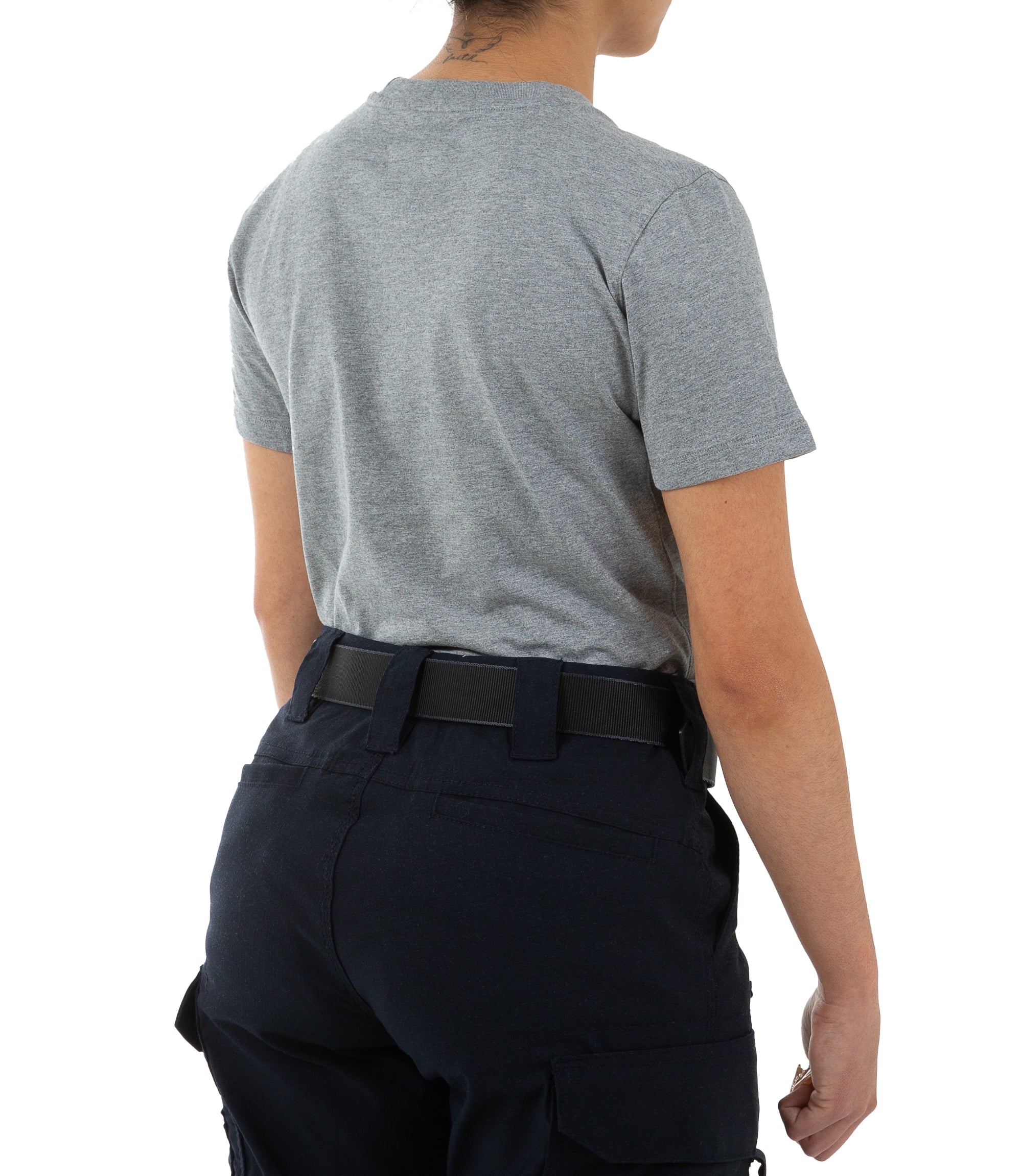 Right back side view of Women's Tactix Cotton Short Sleeve T-Shirt in Heather Grey |color_heather grey