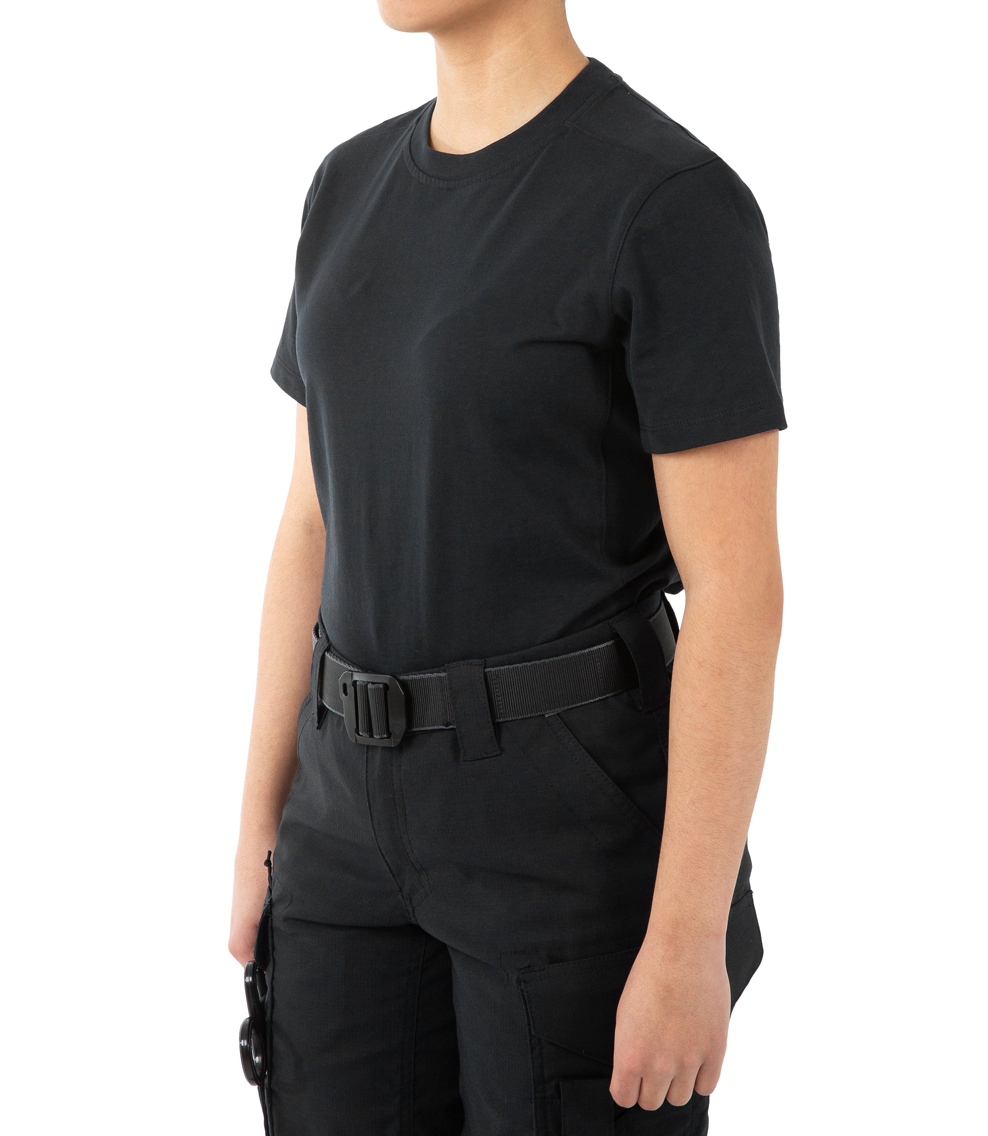 Left front side view of Women's Tactix Cotton Short Sleeve T-Shirt in Black |color_black