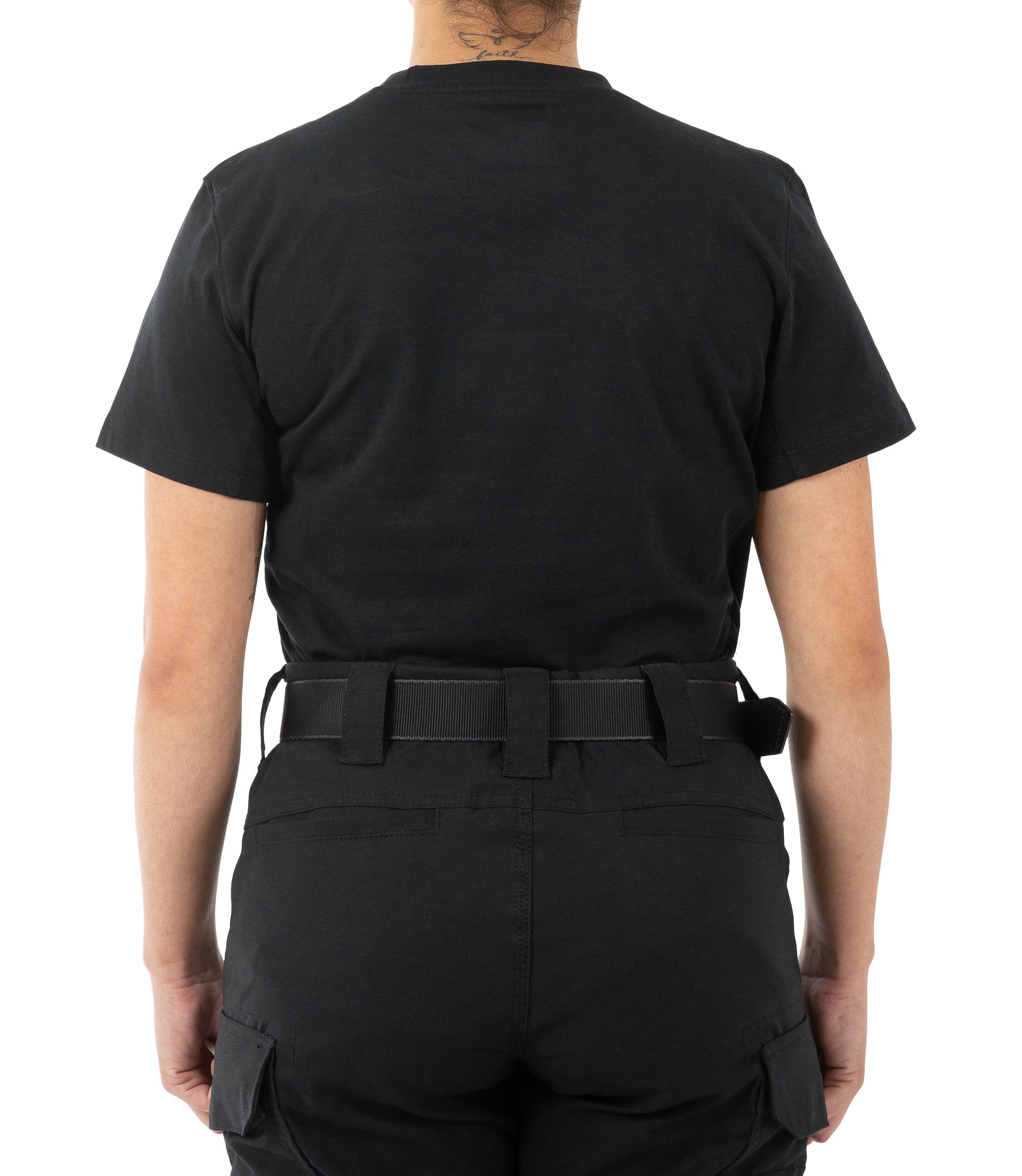 Back view of Women's Tactix Cotton Short Sleeve T-Shirt in Black |color_black