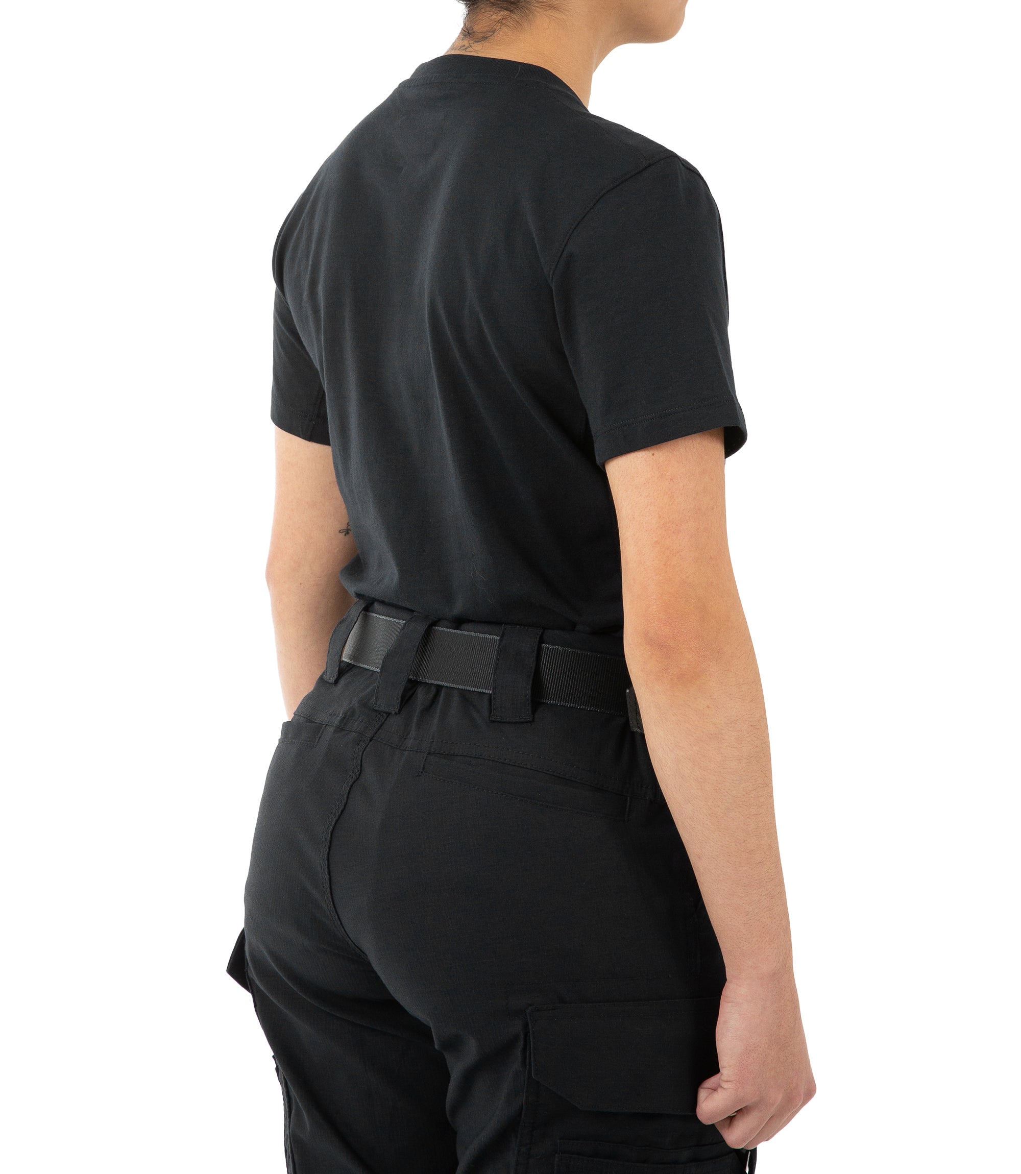 Right back side view of Women's Tactix Cotton Short Sleeve T-Shirt in Black |color_black