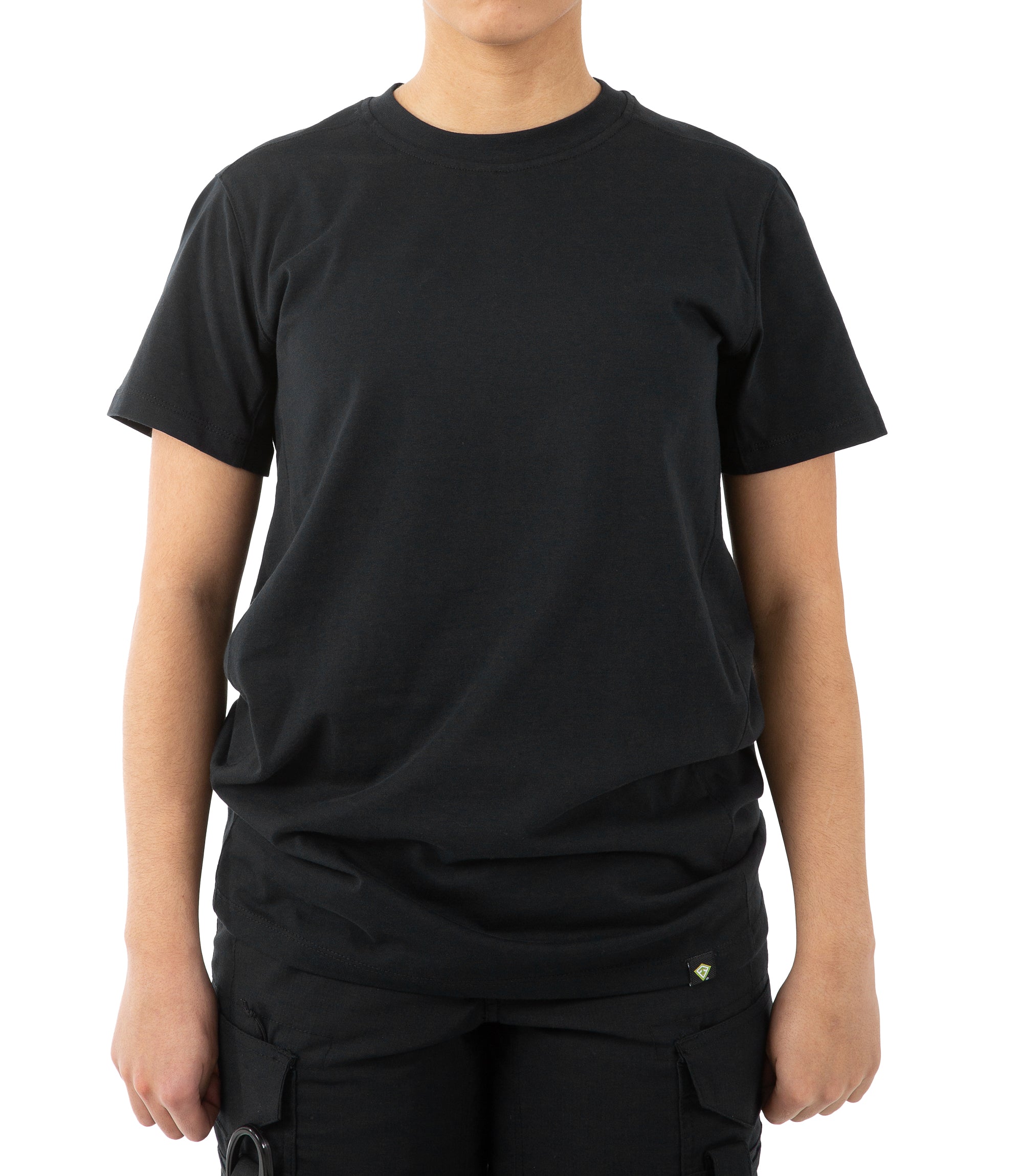 Untucked front view of Women's Tactix Cotton Short Sleeve T-Shirt in Black |color_black