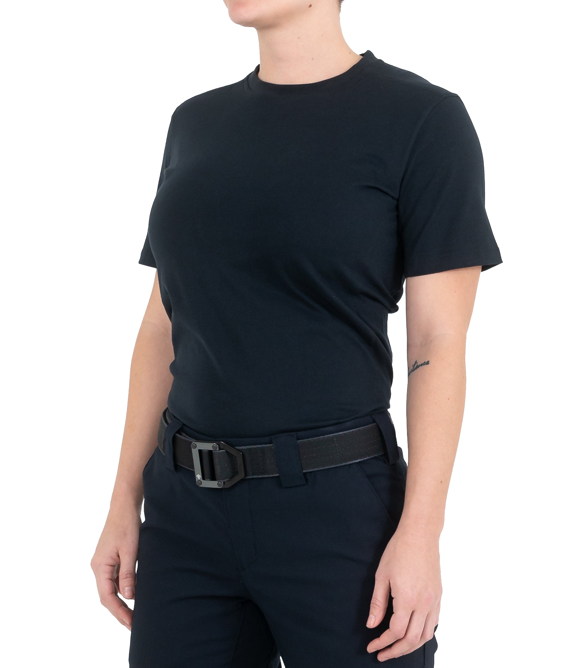 Left front side view of Women's Tactix Cotton Short Sleeve T-Shirt in Midnight Navy |color_midnight navy