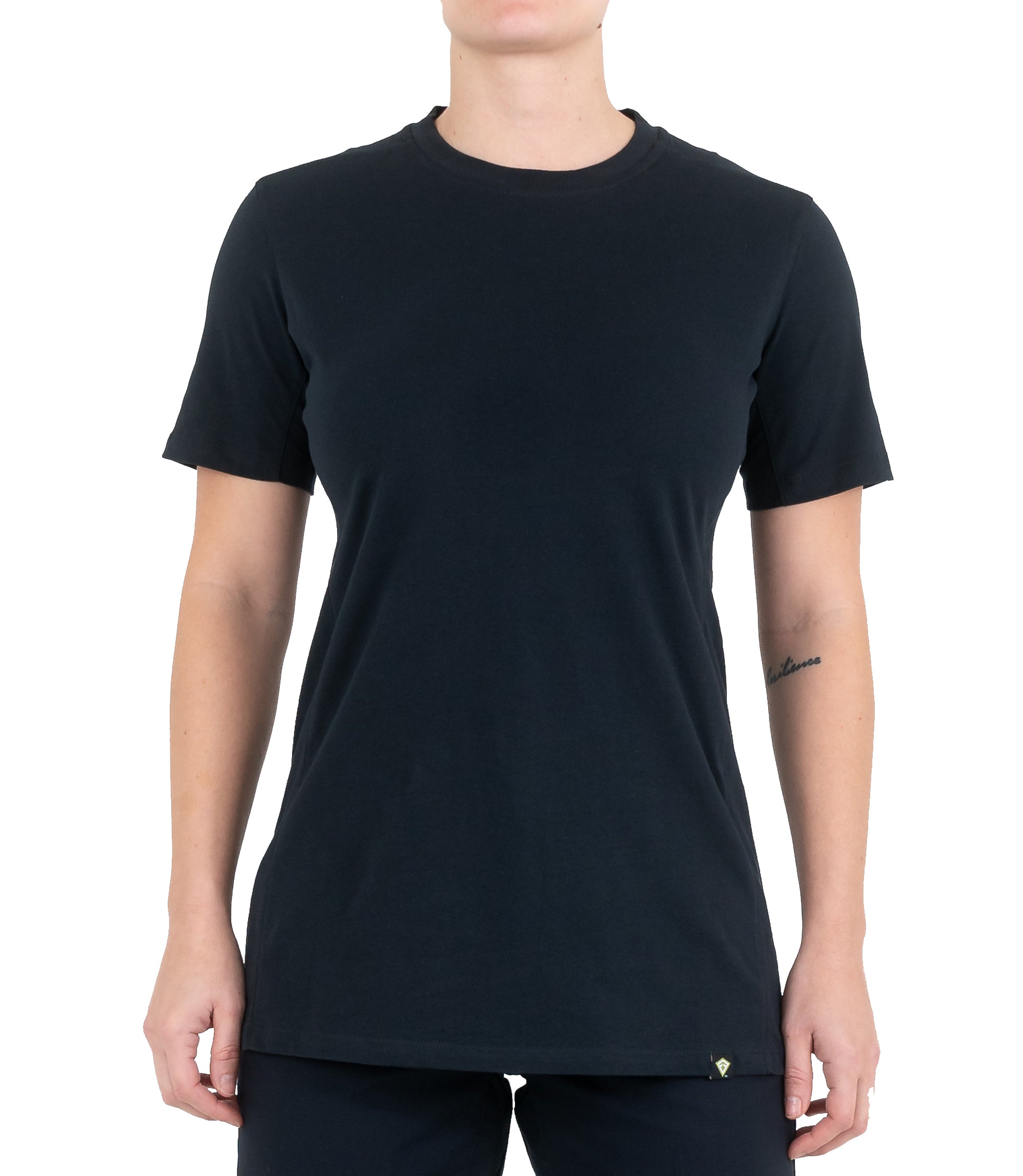 Untucked front view of Women's Tactix Cotton Short Sleeve T-Shirt in Midnight Navy |color_midnight navy