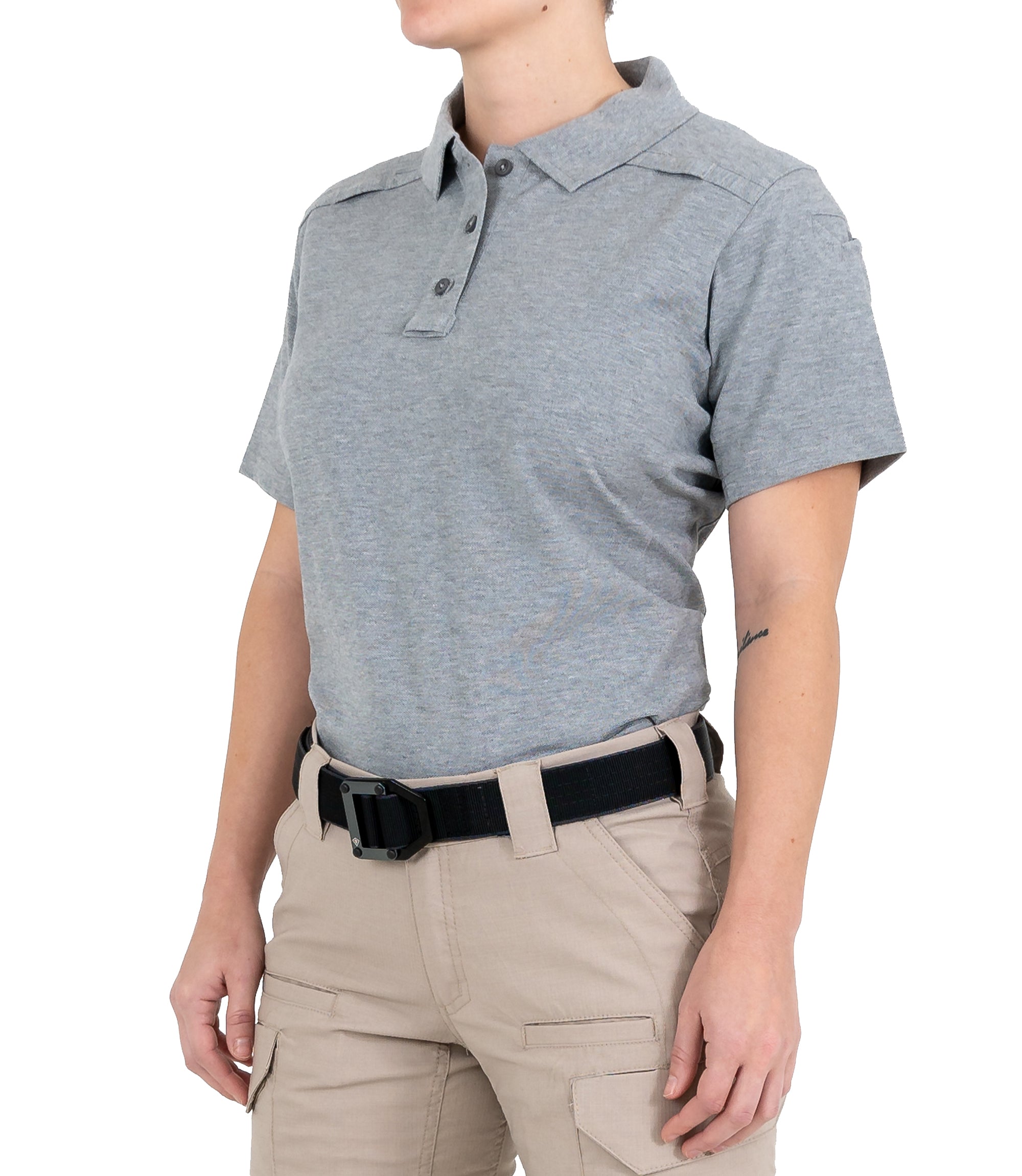 Side of Women's Cotton Short Sleeve Polo in Heather Grey |color_heather grey