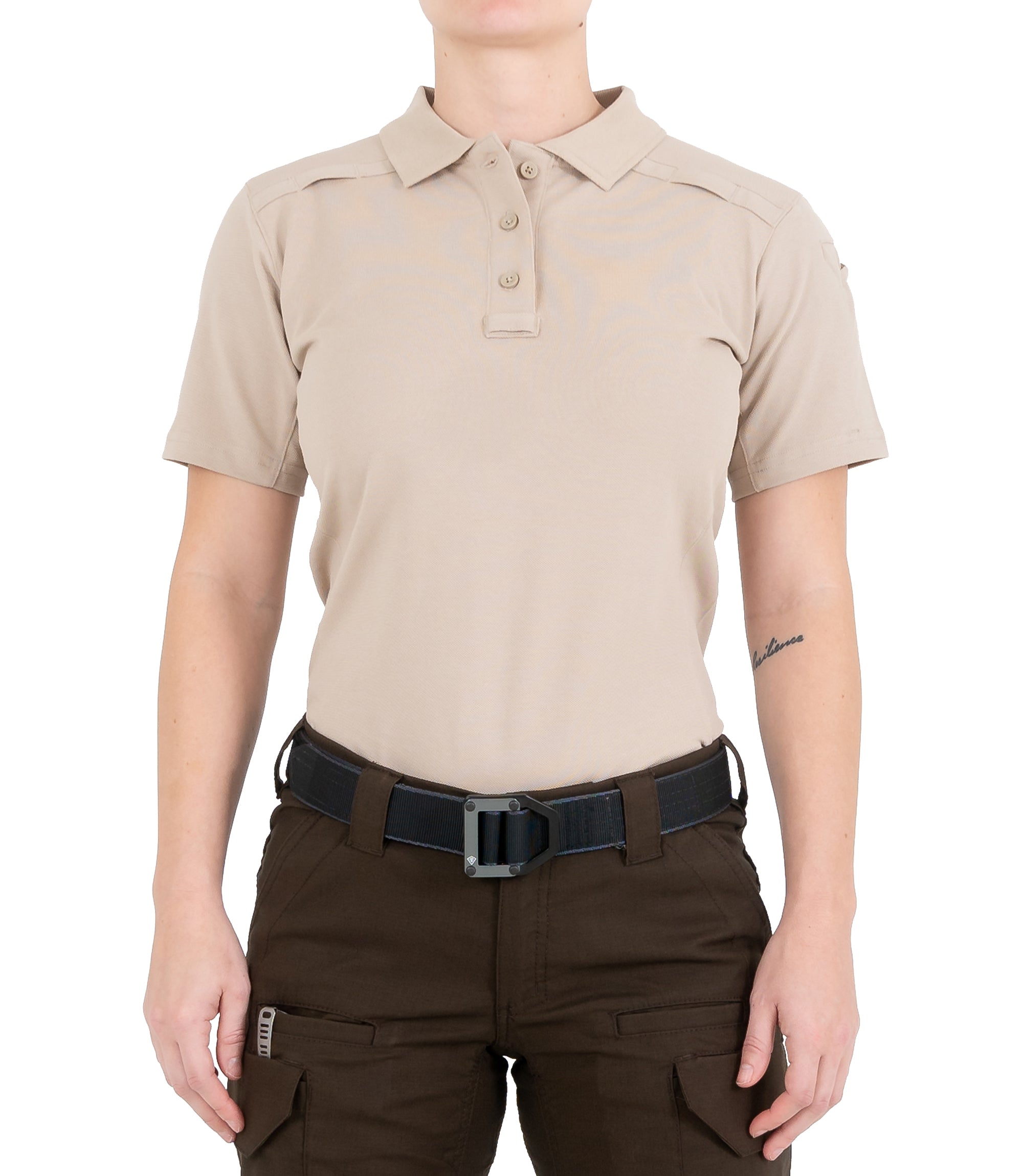 Front of Women's Cotton Short Sleeve Polo in Khaki |color_khaki