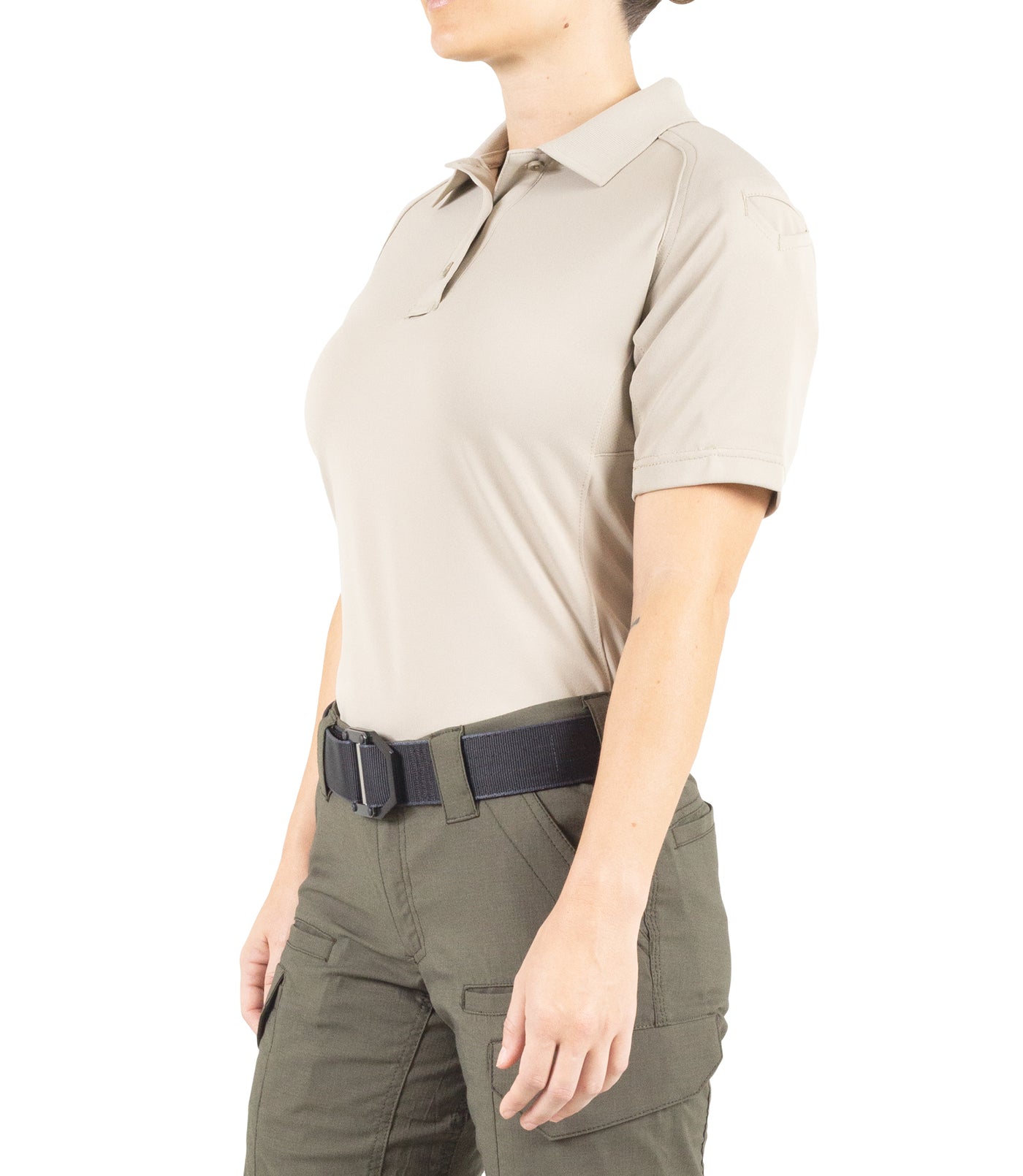 Side of Women's Performance Short Sleeve Polo in Silver Tan